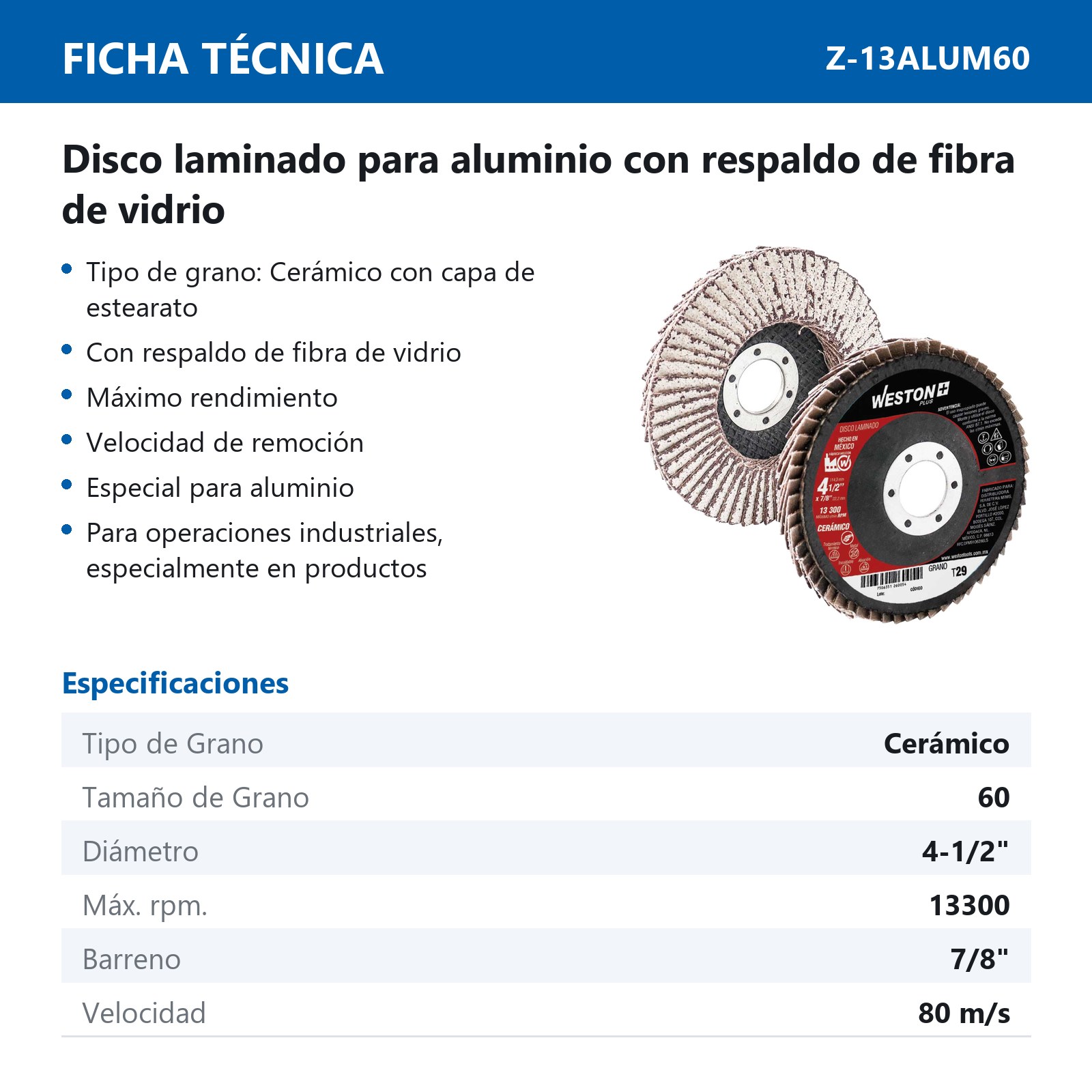 DISCO LAMINADO CERAMICO P/ALUMINIO C/RESPALDO D/FIBRA D/VIDRIO 4-1/2'' G60 F29 - Imagen 4