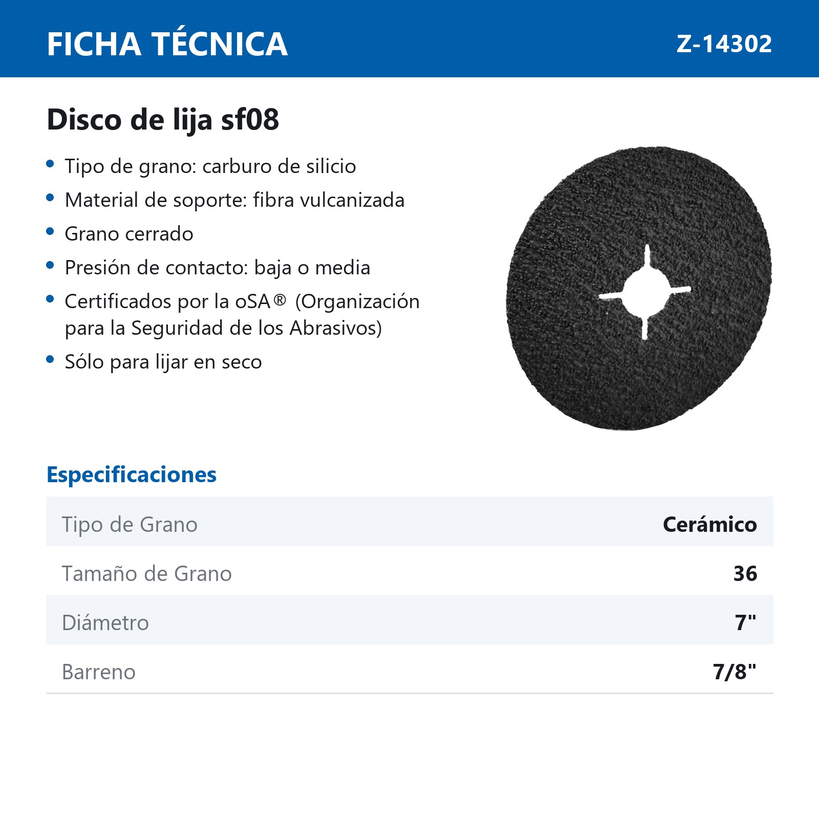 DISCO DE LIJA C36 BARRENO 7" X 7/8"  CARBURO DE SILICIO SF08 - Imagen 2