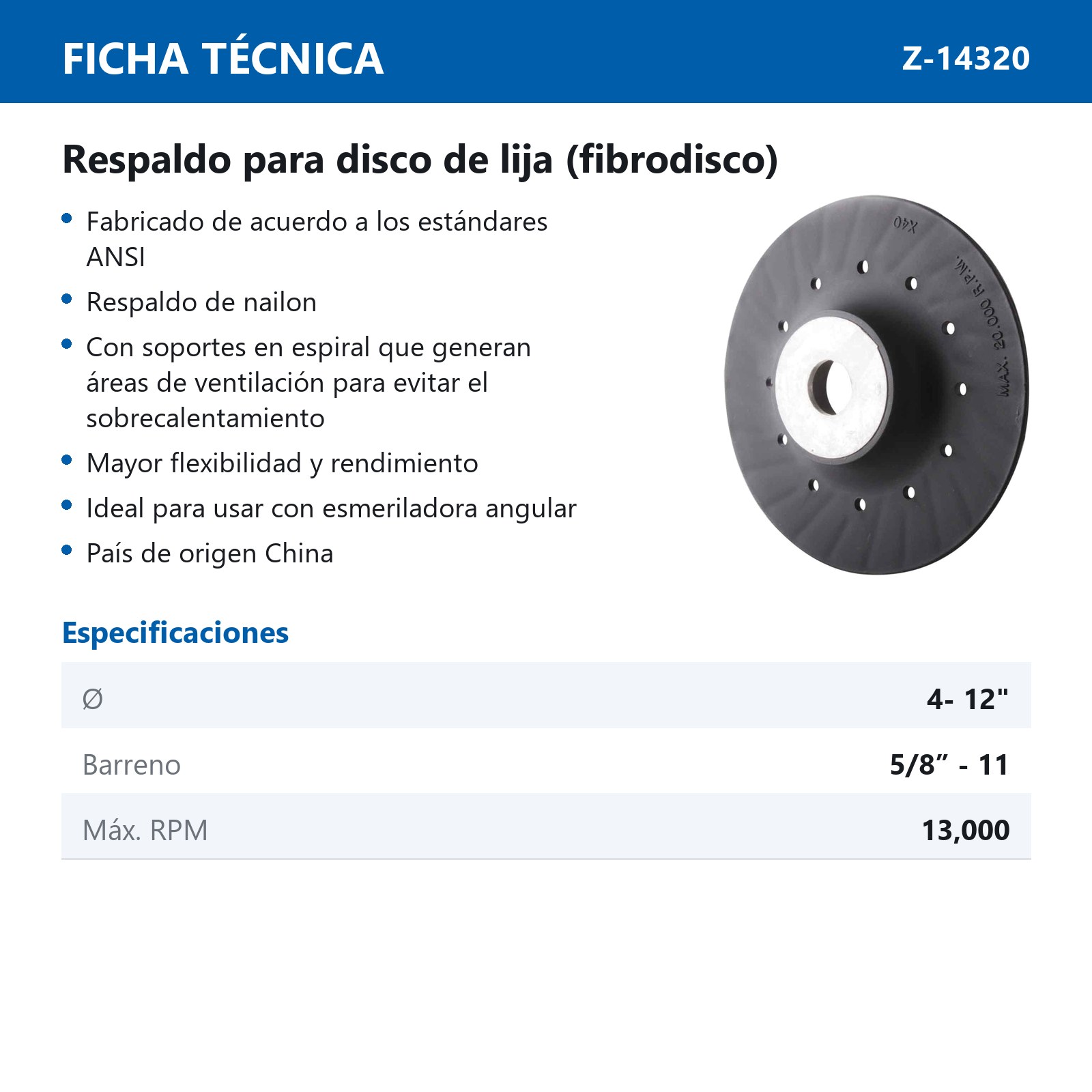 RESPALDO P/DISCO DE LIJA (FIBRO DISCO)  4.5"   (5/8-11) - Imagen 2