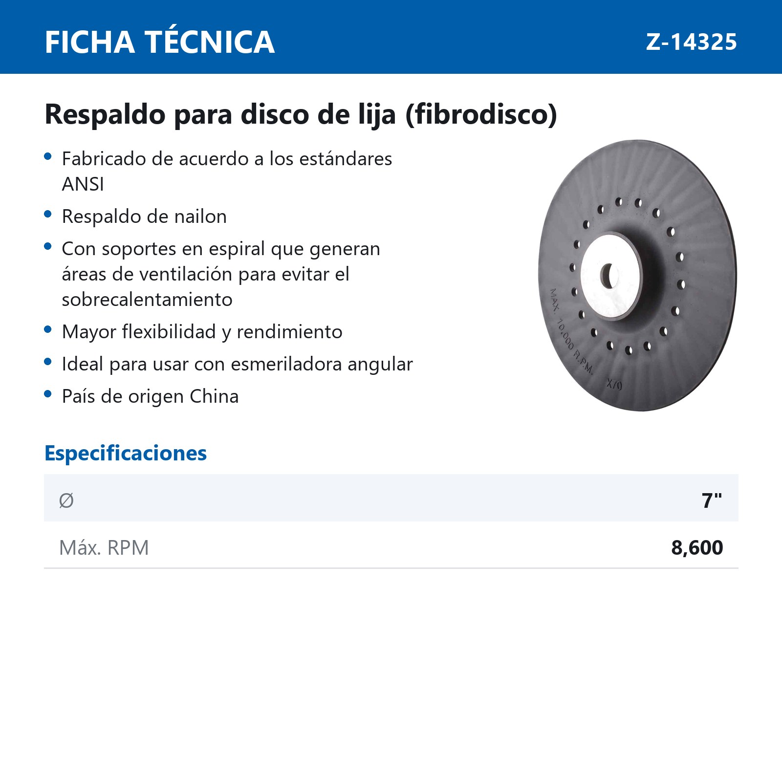 RESPALDO P/DISCO DE LIJA (FIBRO DISCO)  7"   (5/8-11) - Imagen 2