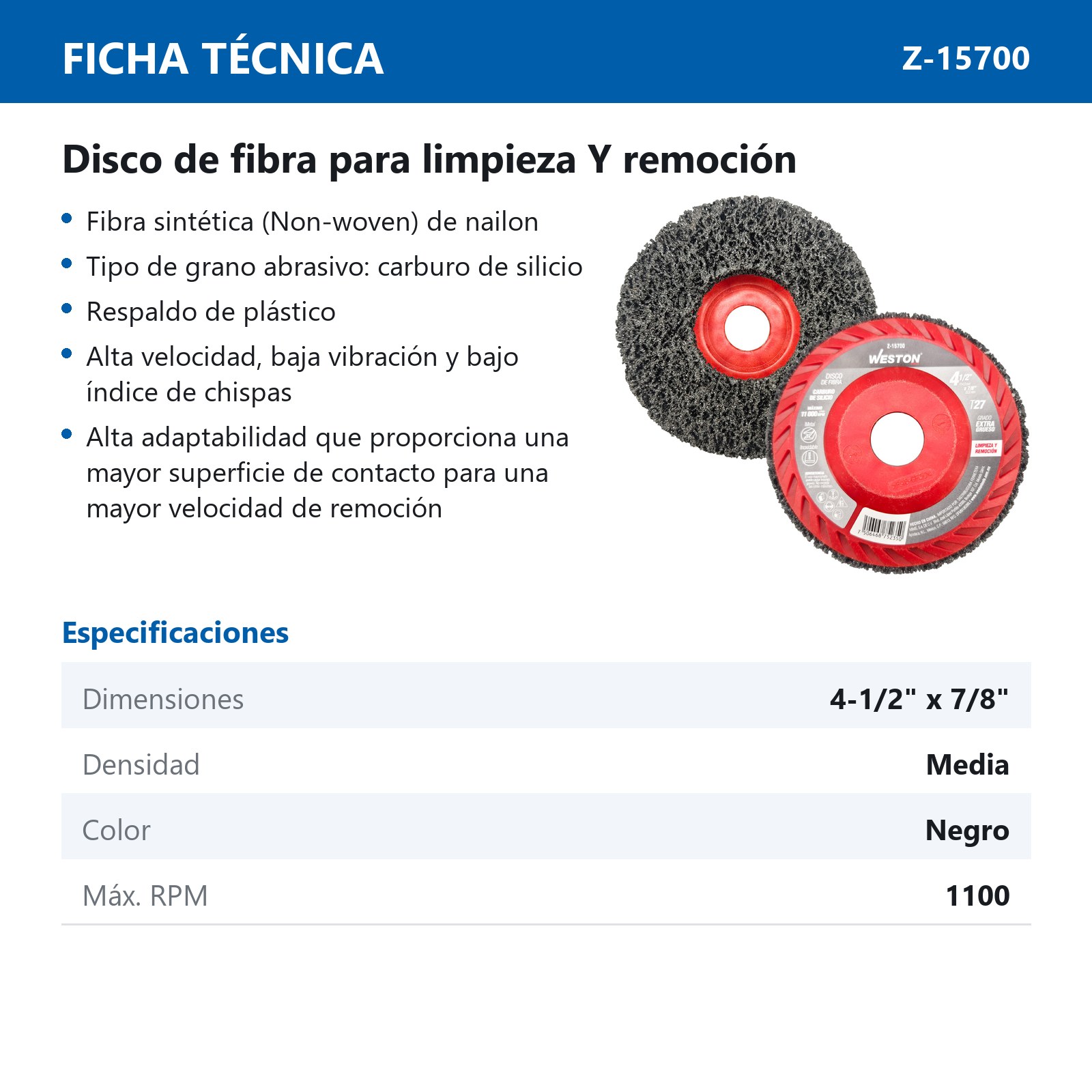DISCO D/FIBRA NEGRO P/LIMPIEZA STRIP DENS. MED. 4-1/2x7/8" T27 SiC (Precio x Pza. - Emp. c/5 Pzs.) - Imagen 3