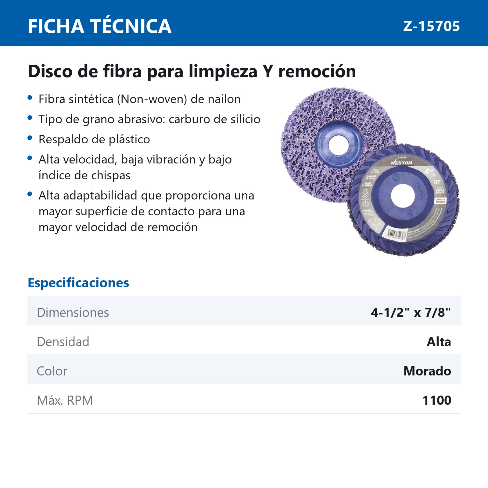 DISCO D/FIBRA MORADO P/LIMPIEZA STRIP ALTA DENS. 4-1/27/8" T27 SiC (Precio x Pza. - Emp. c/5 Pzs.) - Imagen 3
