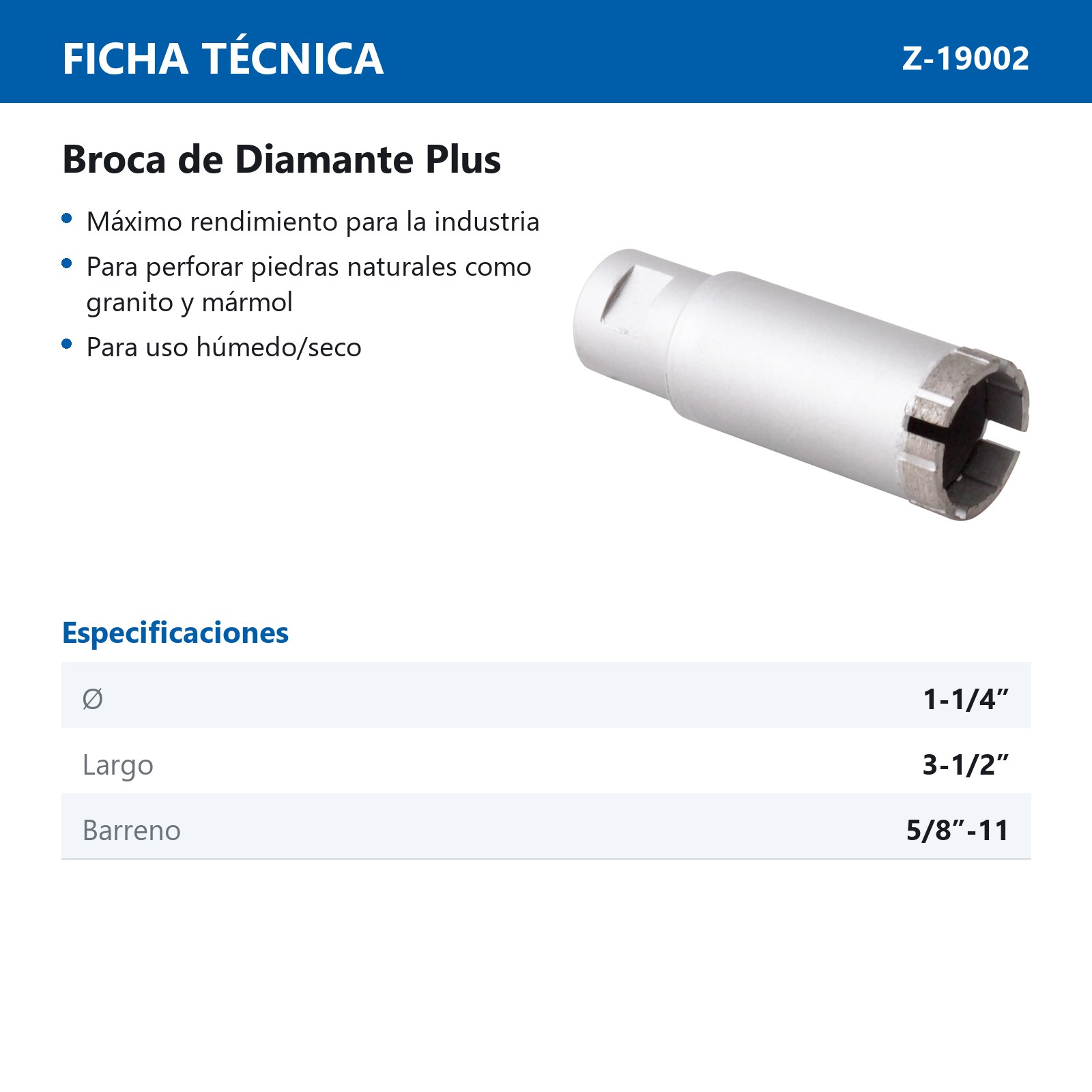 BROCA DE DIAMANTE P/ESMERIL.    1-1/4" x 3-1/2" x 5/8"-11H WPLUS - Imagen 4