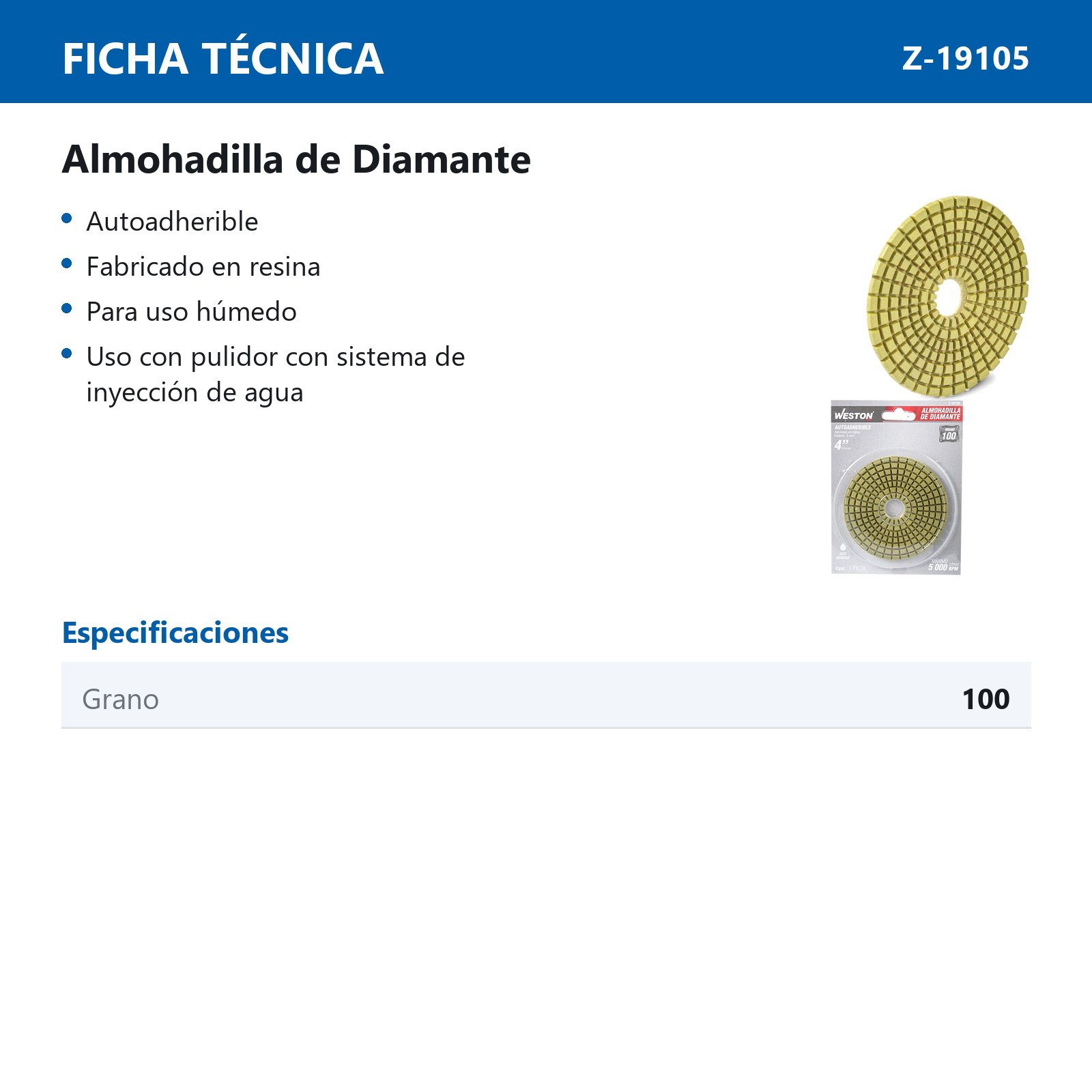 ALMOHADILLA DE DIAMANTE PARA PULIDO 4'' G100 - Imagen 2