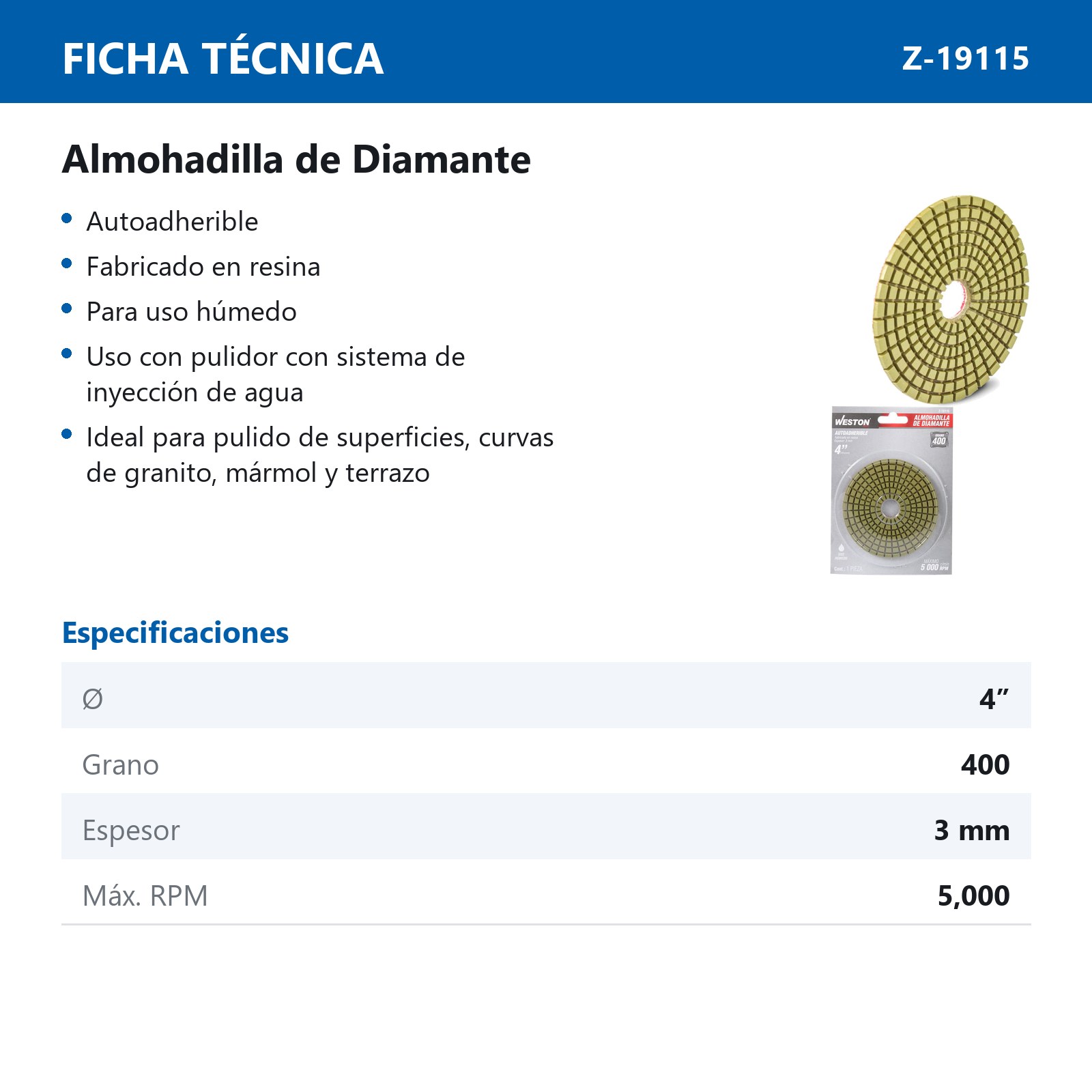 ALMOHADILLA DE DIAMANTE PARA PULIDO 4'' G400 - Imagen 2