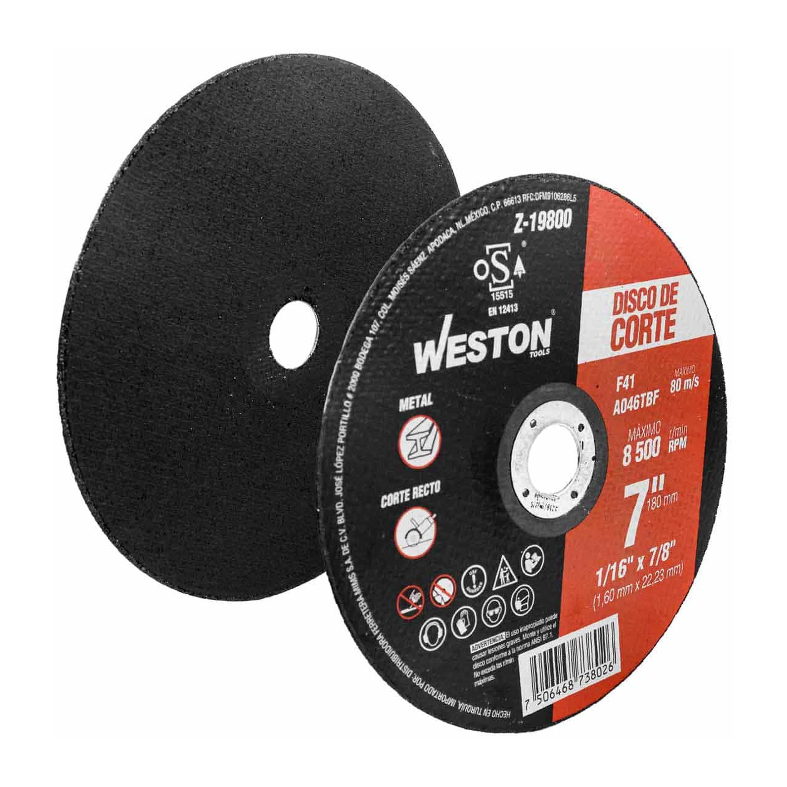 Disco de Corte para Metal WESTON 7" x 1/16" x 7/8" Tipo F41