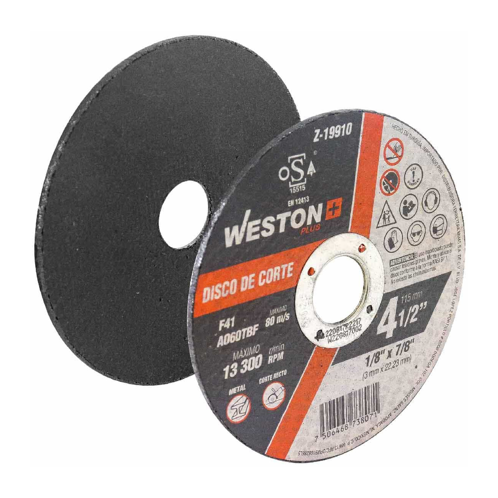 Disco de Corte para Metal 4-1/2" x 1/8" x 7/8" F41 (OSA) Weston Plus - Paquete de 3