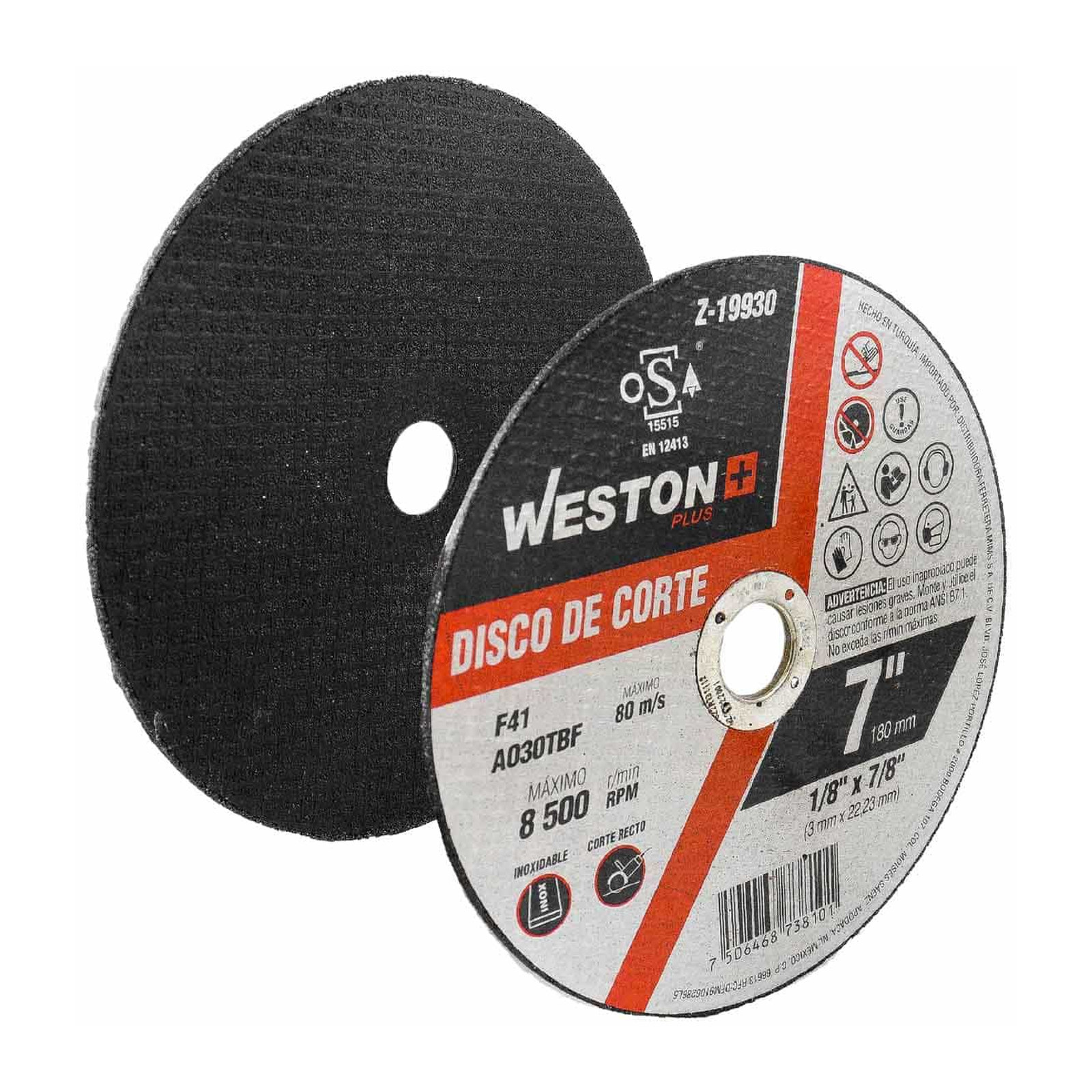 Disco de Corte para Inoxidable 7" x 1/8" x 7/8" Tipo F41 Weston Plus