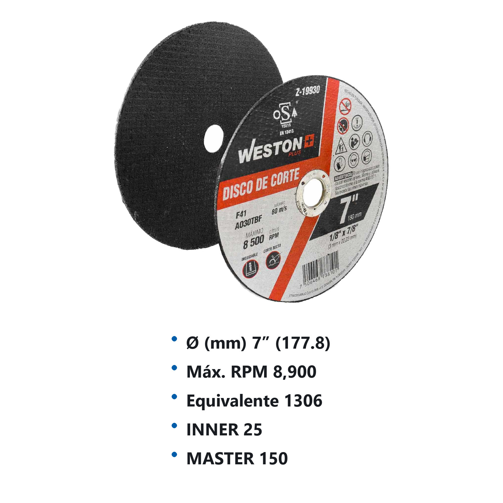 DISCO D/CORTE P/INOXIDABLE 7'' x 1/8''(3) x 7/8'' F41 - Imagen 2