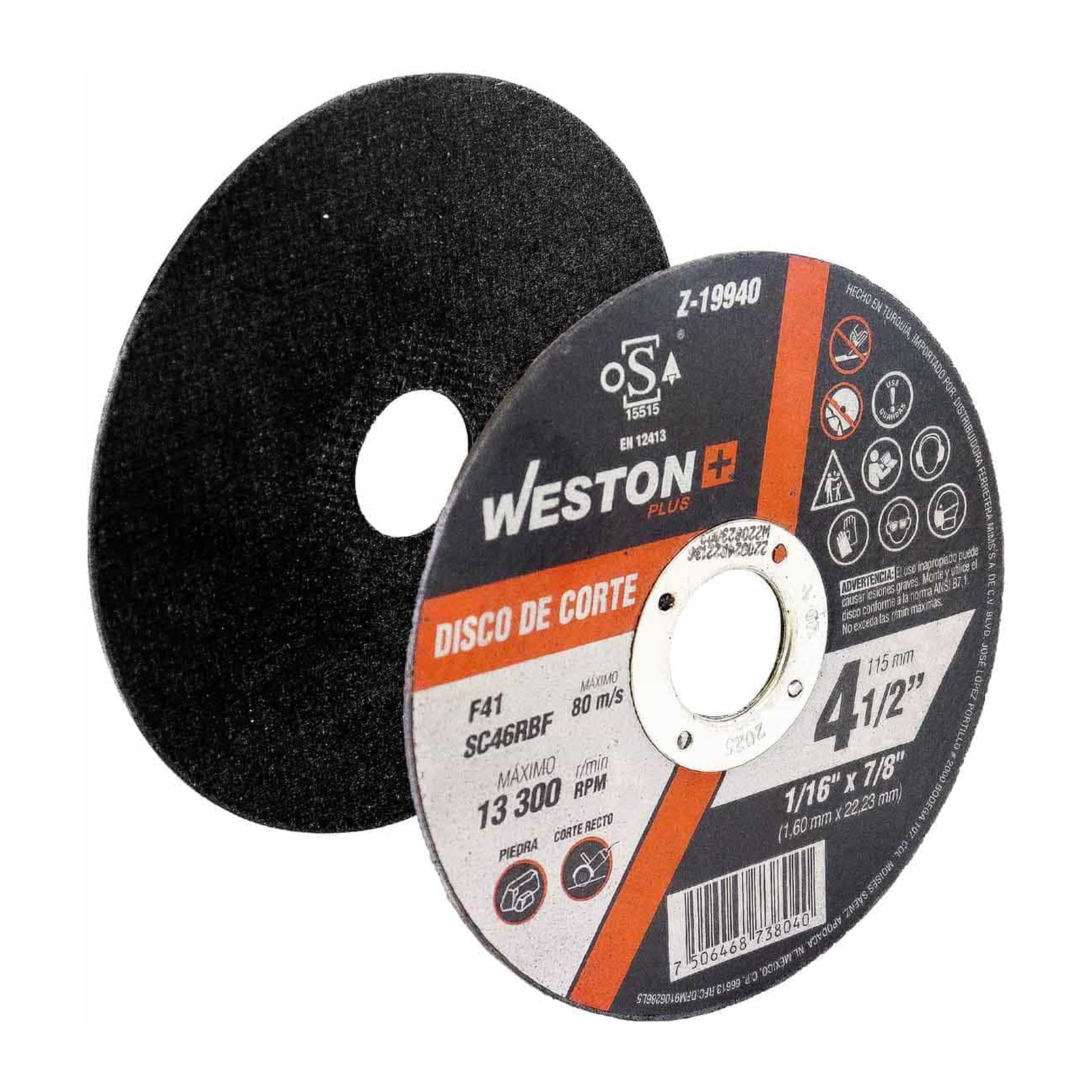 Disco de Corte para Piedra 4-1/2" x 1/16" (1.6 mm) x 7/8" F41 WESTON PLUS