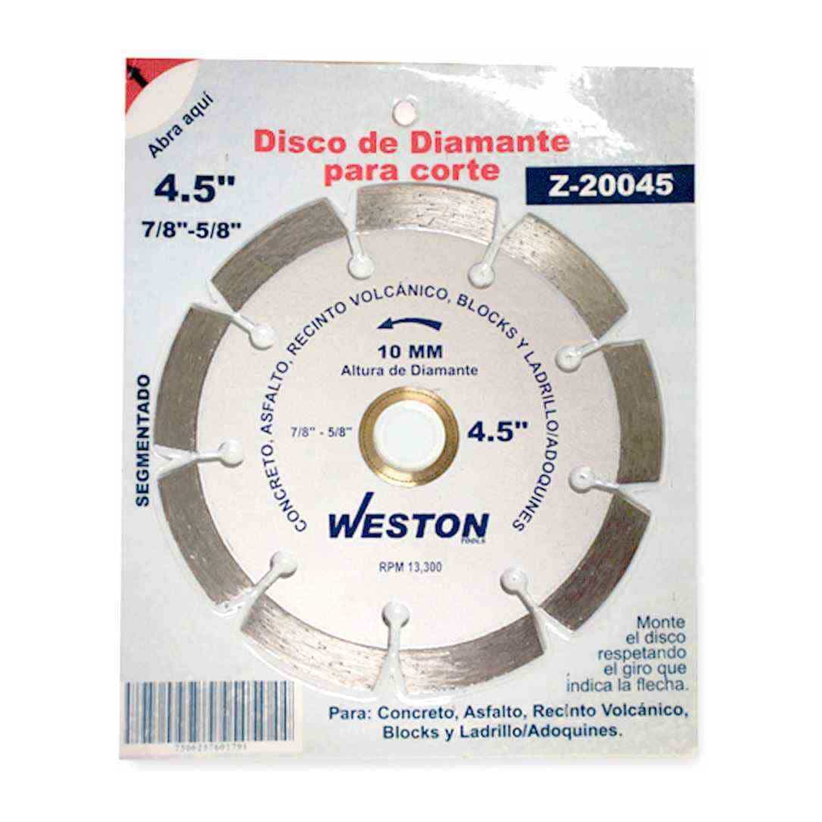Disco de Diamante Segmentado 4-1/2" x 1.2 mm Weston