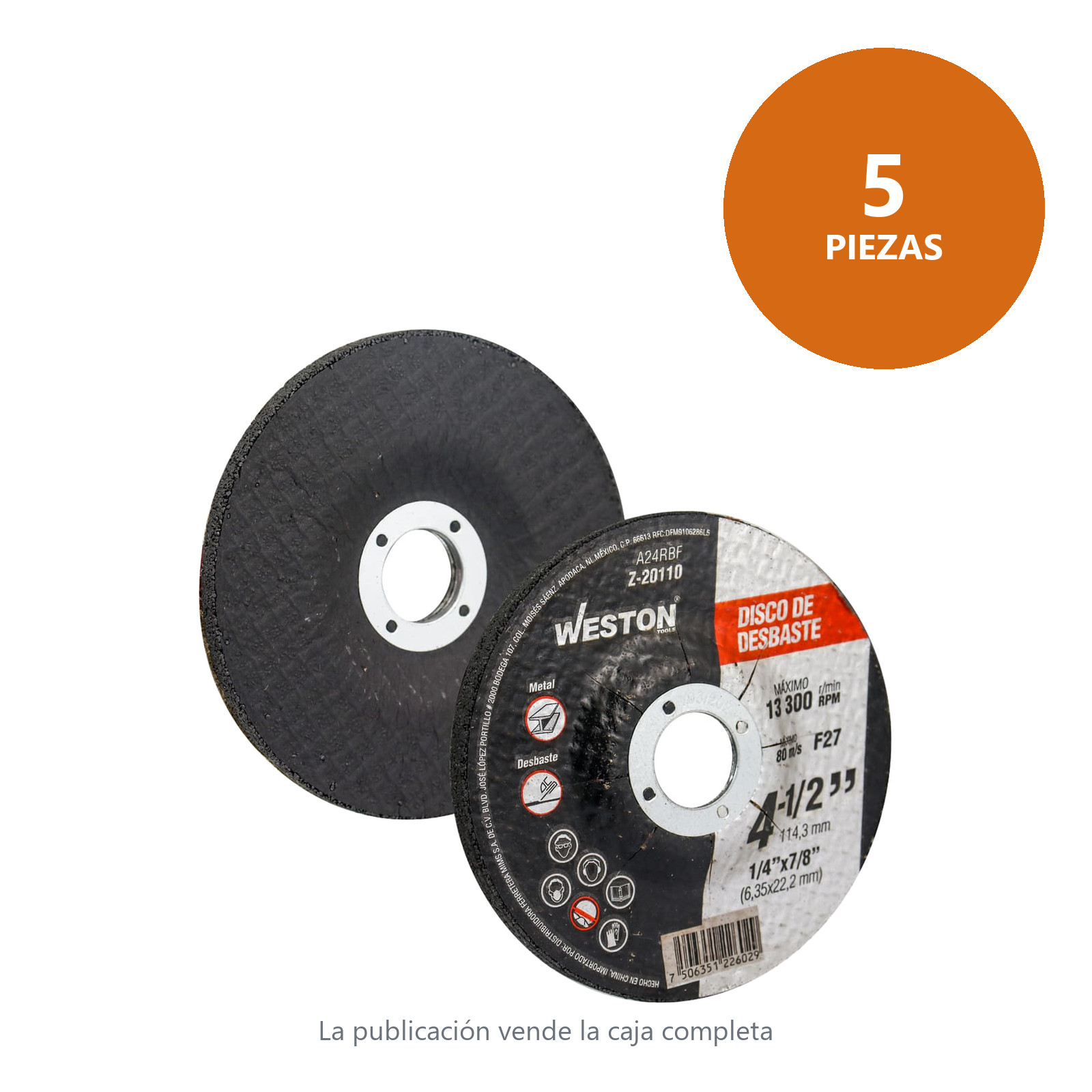 DISCO D/DESBASTE P/METAL 4-1/2" x 1/4"(6.35) x 7/8" F27 (Emp. c/5 Pzas - Precio x Pza) - Imagen 2