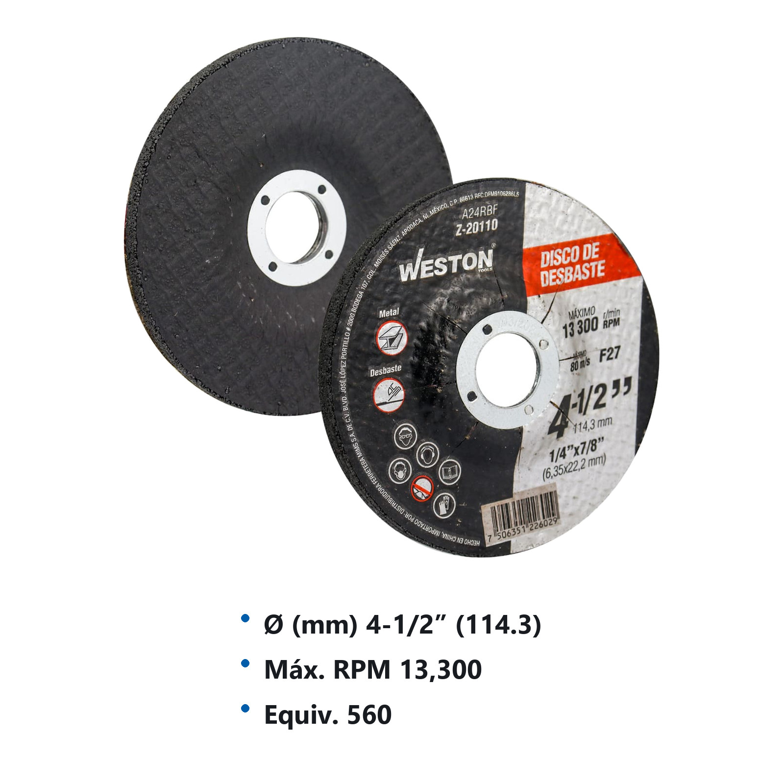 DISCO D/DESBASTE P/METAL 4-1/2" x 1/4"(6.35) x 7/8" F27 (Emp. c/5 Pzas - Precio x Pza) - Imagen 3