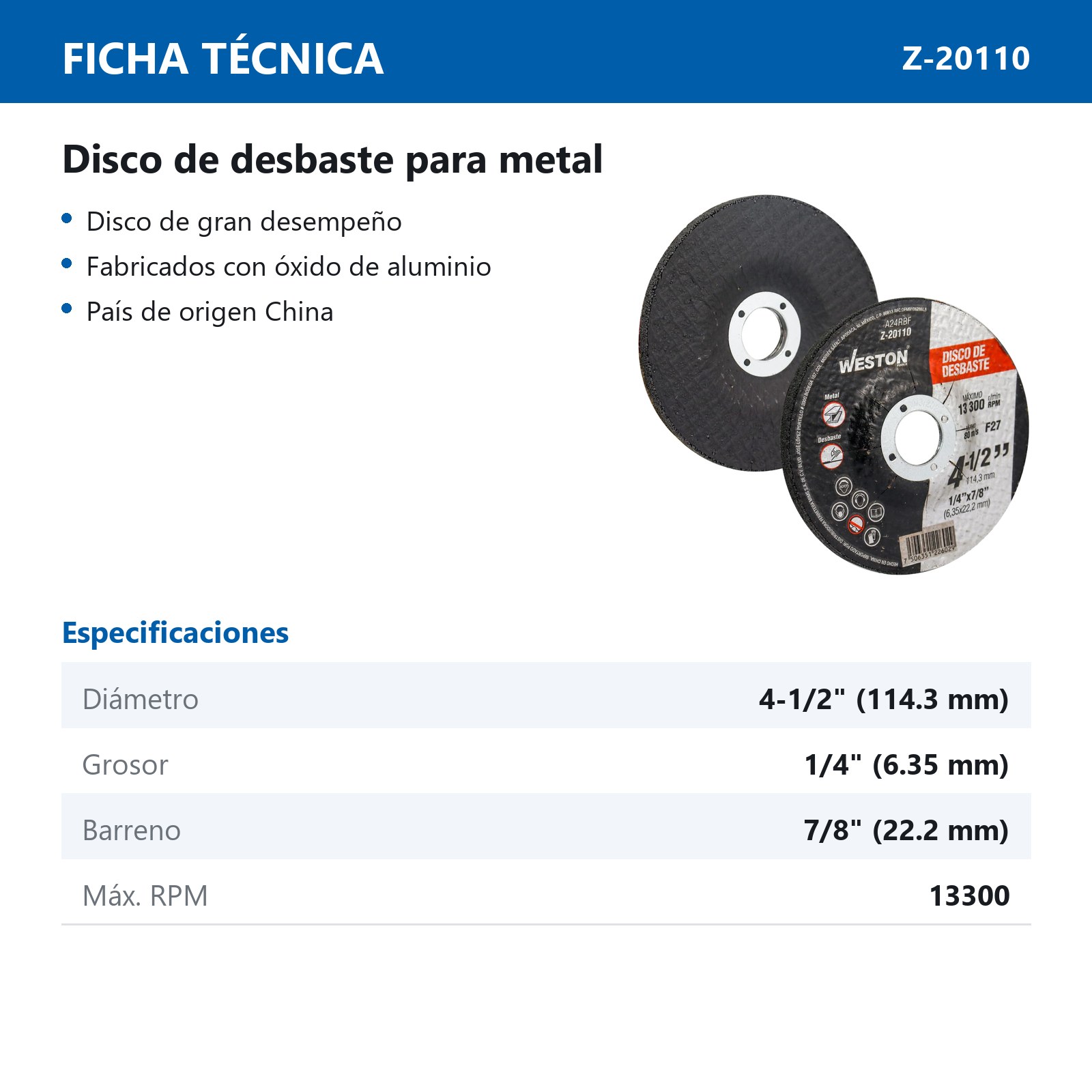 DISCO D/DESBASTE P/METAL 4-1/2" x 1/4"(6.35) x 7/8" F27 (Emp. c/5 Pzas - Precio x Pza) - Imagen 3