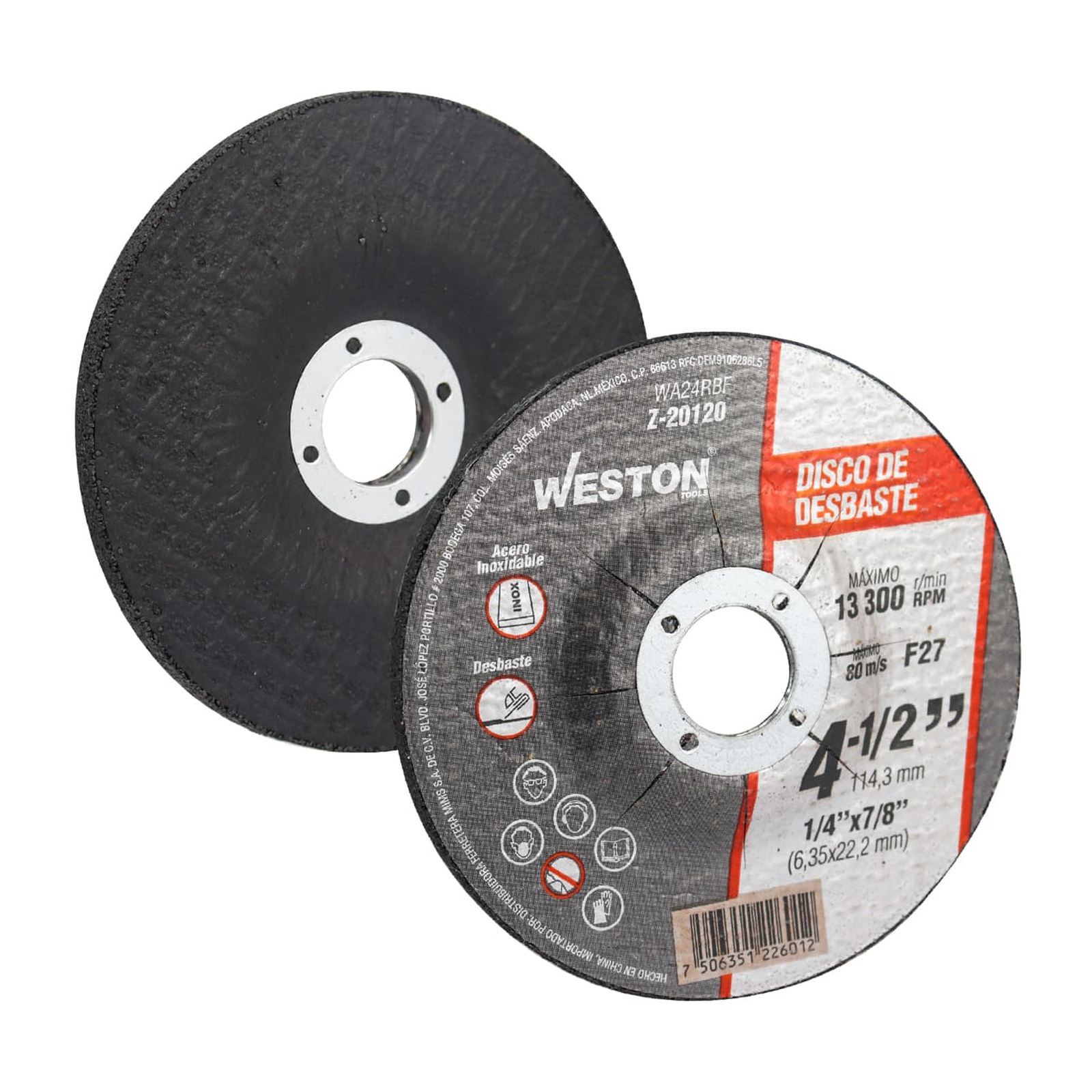 Disco de Desbaste para Acero Inoxidable 4-1/2" x 1/4" x 7/8" Tipo 27 WESTON