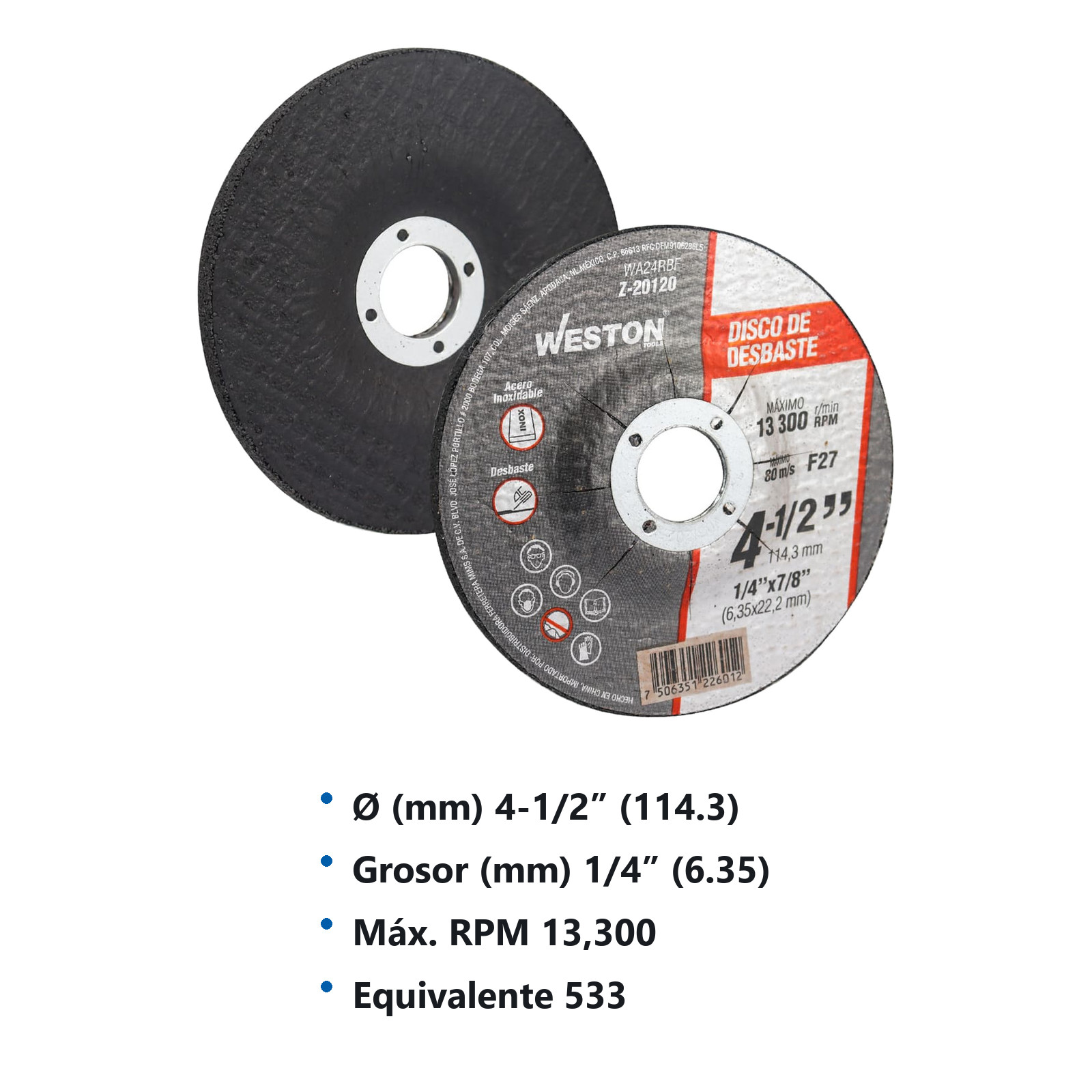 DISCO D/DESBASTE P/INOX. 4-1/2" x 1/4"(6.35) x 7/8" F27 (Emp. c/5 Pzas - Precio x Pza) - Imagen 3
