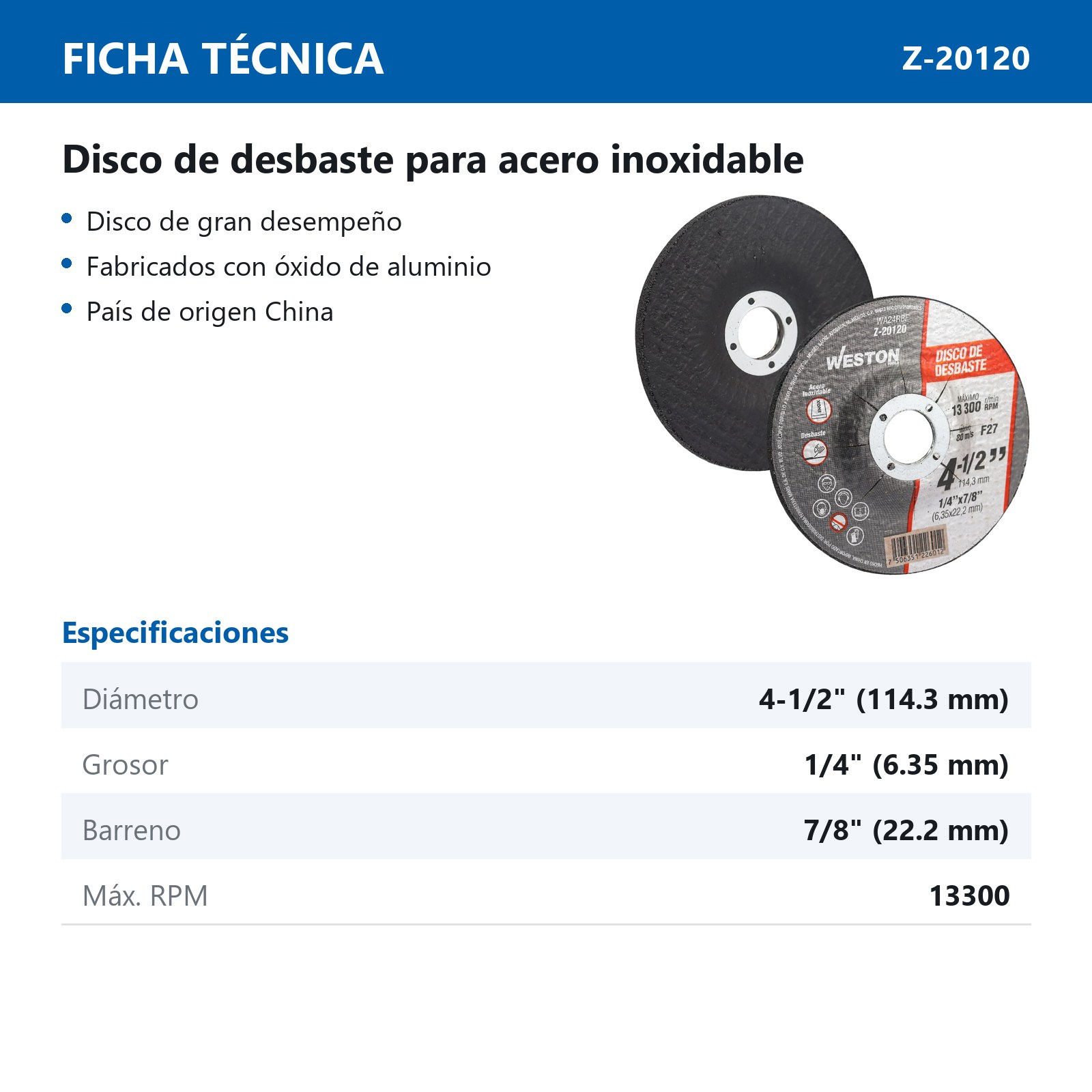 DISCO D/DESBASTE P/INOX. 4-1/2" x 1/4"(6.35) x 7/8" F27 (Emp. c/5 Pzas - Precio x Pza) - Imagen 3