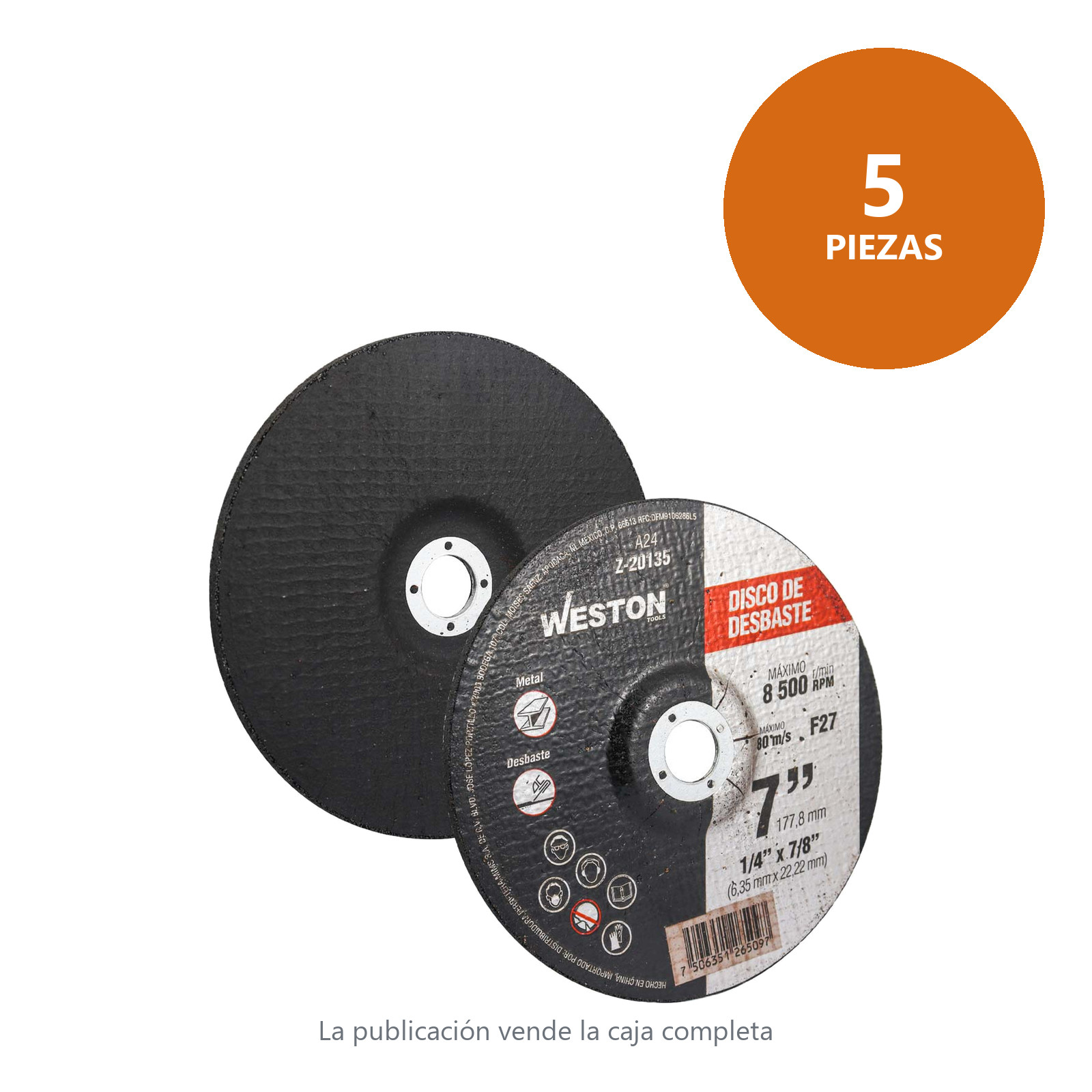 DISCO D/DESBASTE P/METAL 7" x 1/4"(6.35) x 7/8" F27 (Emp. c/5 Pzas - Precio x Pza) - Imagen 2
