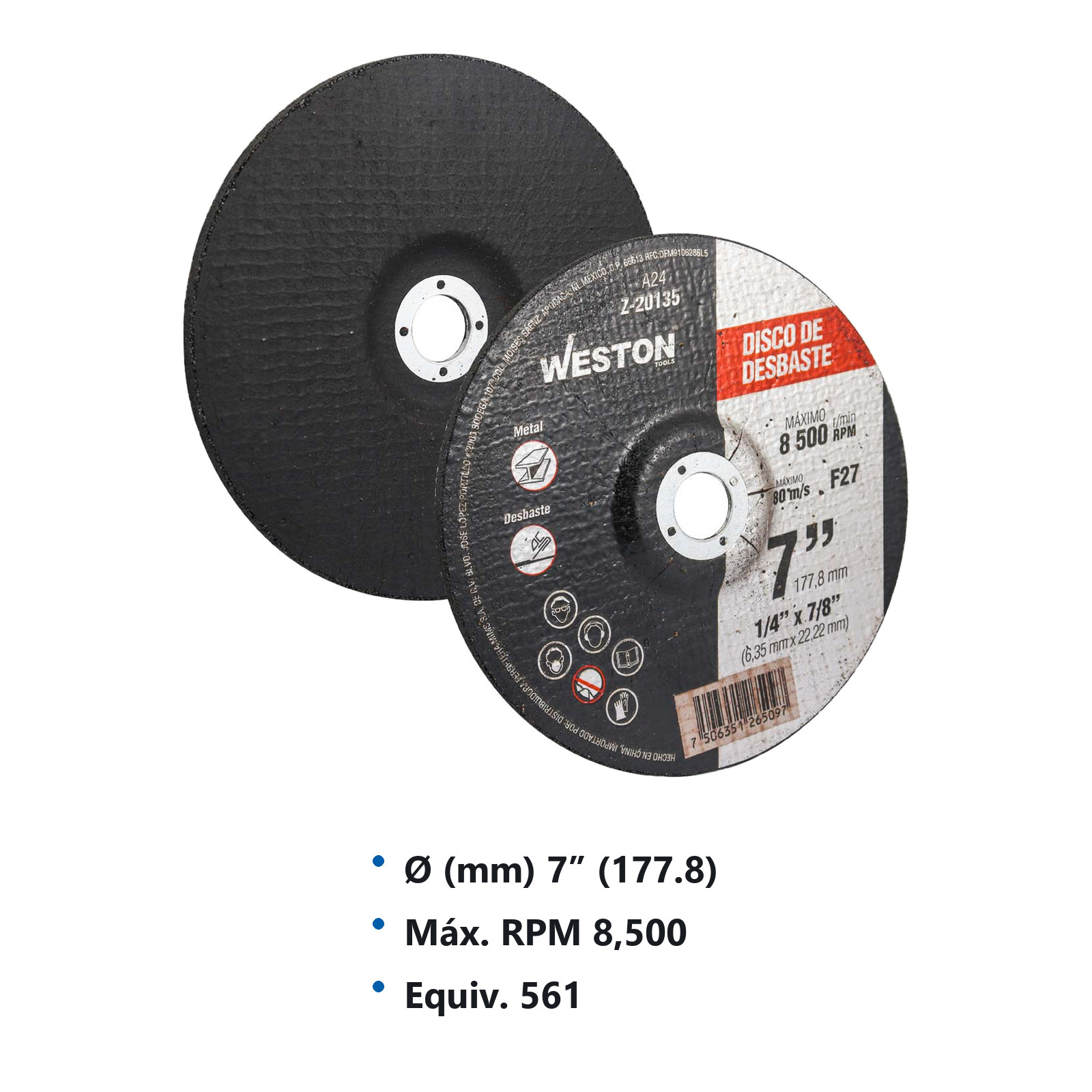 DISCO D/DESBASTE P/METAL 7" x 1/4"(6.35) x 7/8" F27 (Emp. c/5 Pzas - Precio x Pza) - Imagen 3