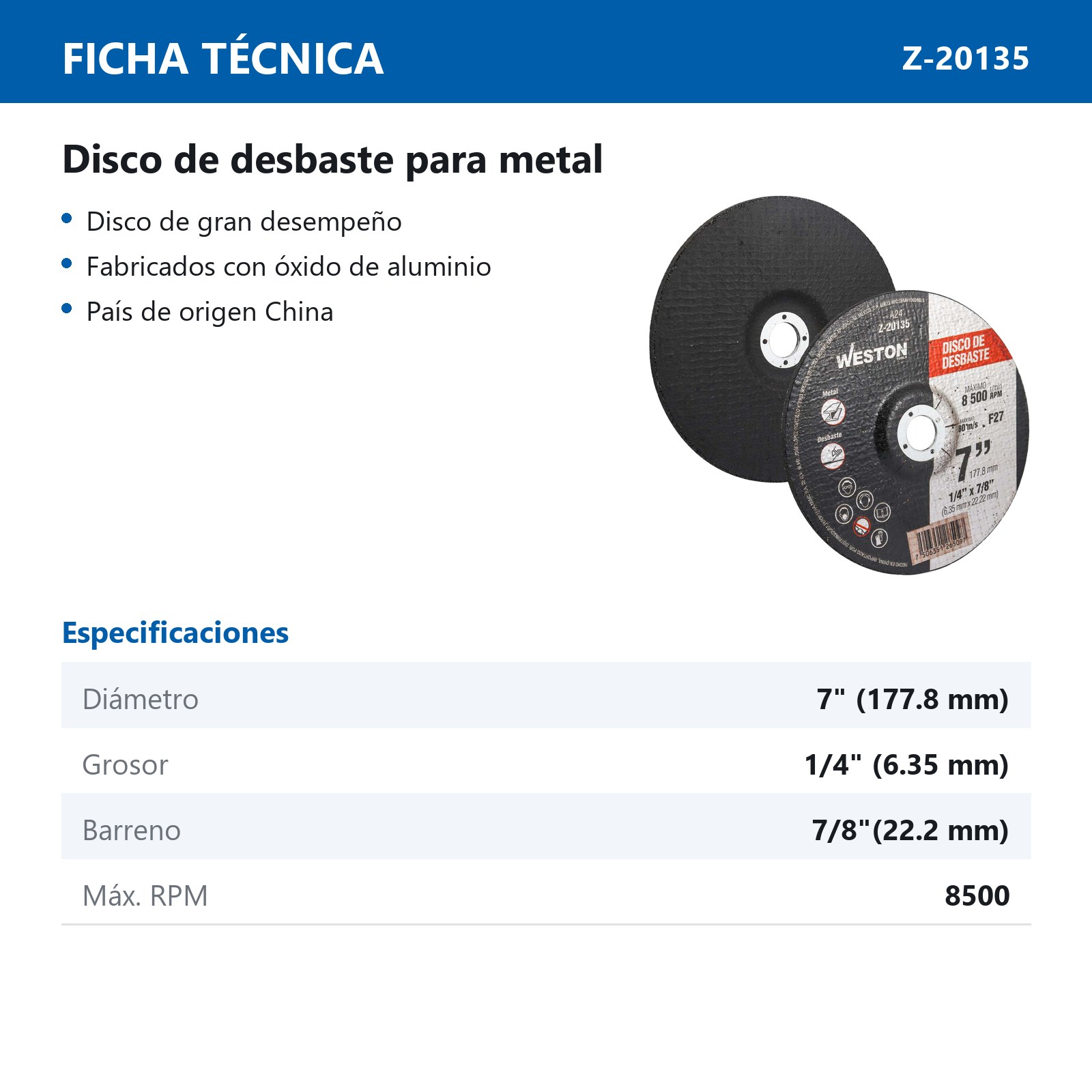 DISCO D/DESBASTE P/METAL 7" x 1/4"(6.35) x 7/8" F27 (Emp. c/5 Pzas - Precio x Pza) - Imagen 3