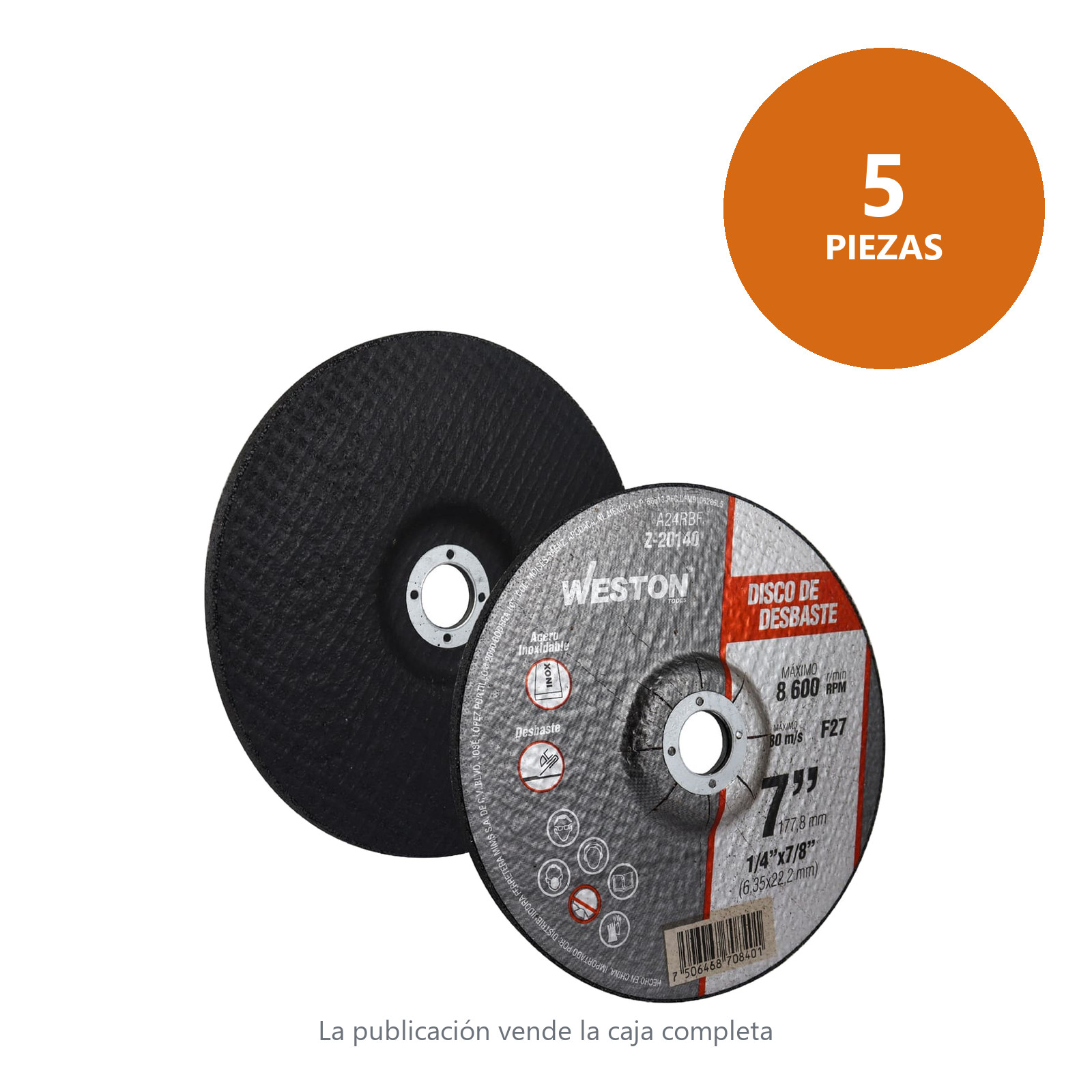 DISCO D/DESBASTE P/INOX. 7" x 1/4"(6.35) x 7/8" F27 (Emp. c/5 Pzas - Precio x Pza) - Imagen 2
