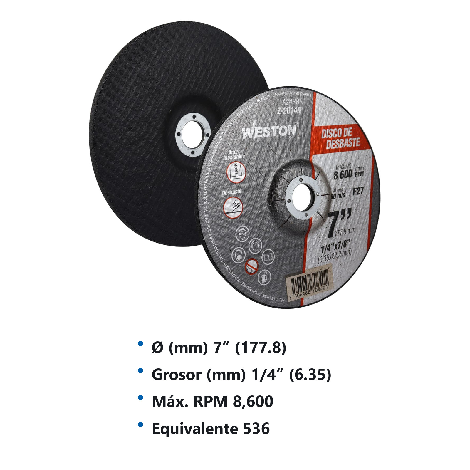 DISCO D/DESBASTE P/INOX. 7" x 1/4"(6.35) x 7/8" F27 (Emp. c/5 Pzas - Precio x Pza) - Imagen 3
