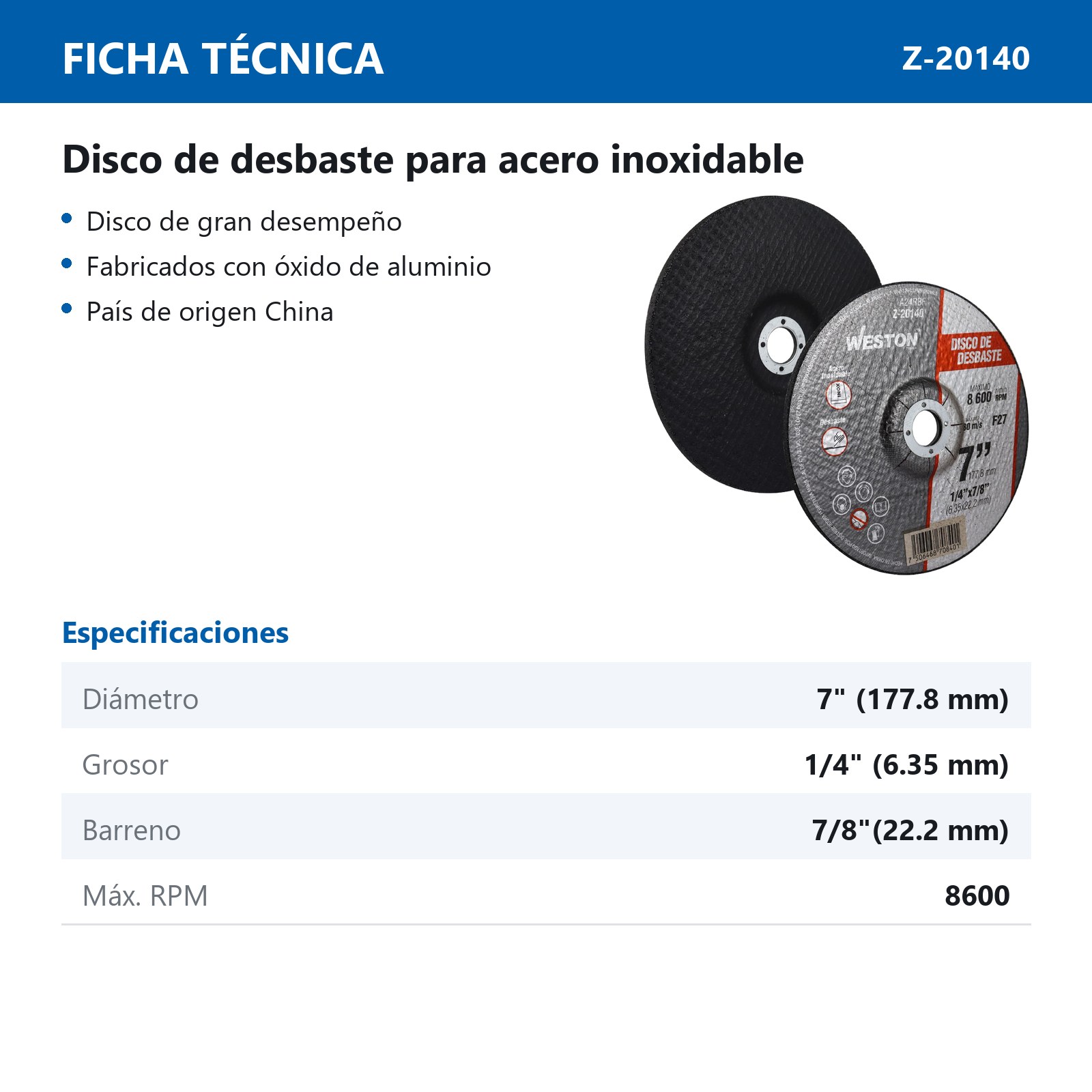 DISCO D/DESBASTE P/INOX. 7" x 1/4"(6.35) x 7/8" F27 (Emp. c/5 Pzas - Precio x Pza) - Imagen 3