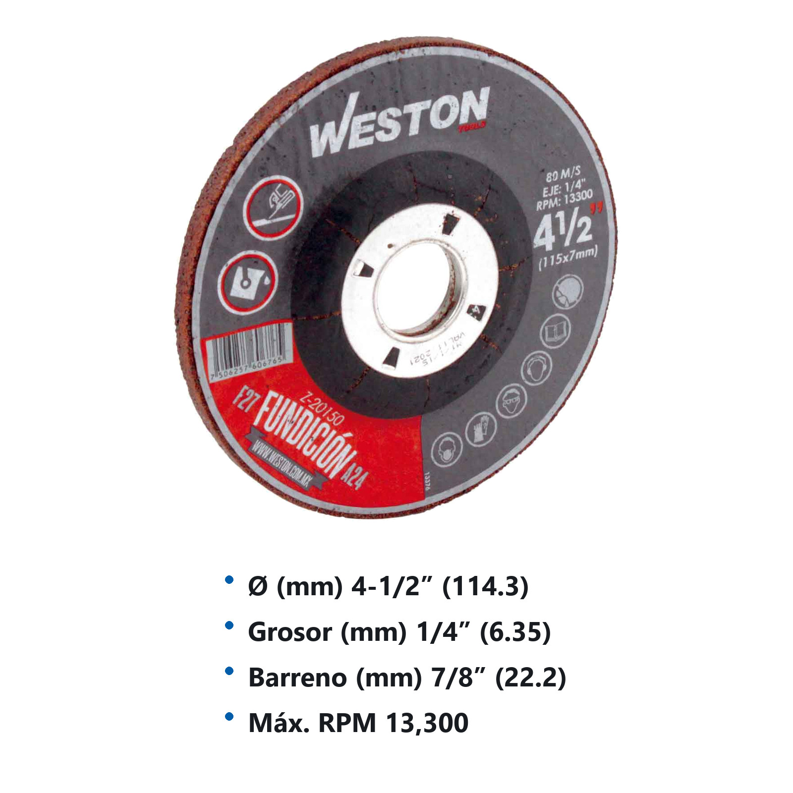 DISCO D/DESBASTE P/FUNDICION 4-1/2" x 1/4"(6.35) x 7/8" F27 (Emp. c/5 Pzas - Precio x Pza) - Imagen 3