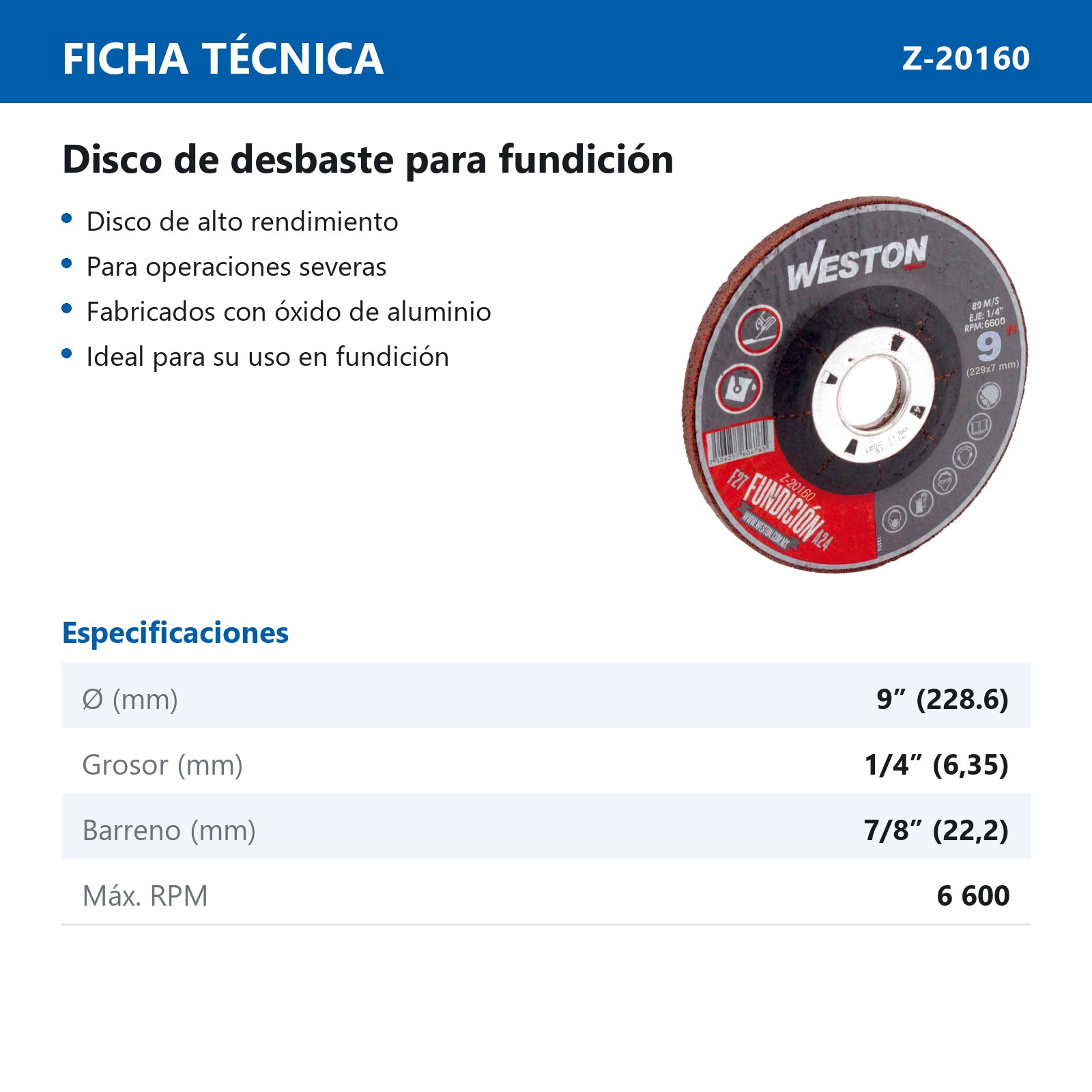 DISCO D/DESBASTE P/FUNDICION 9" x 1/4"(6.35) x 7/8" F27 (Emp. c/5 Pzas - Precio x Pza) - Imagen 3