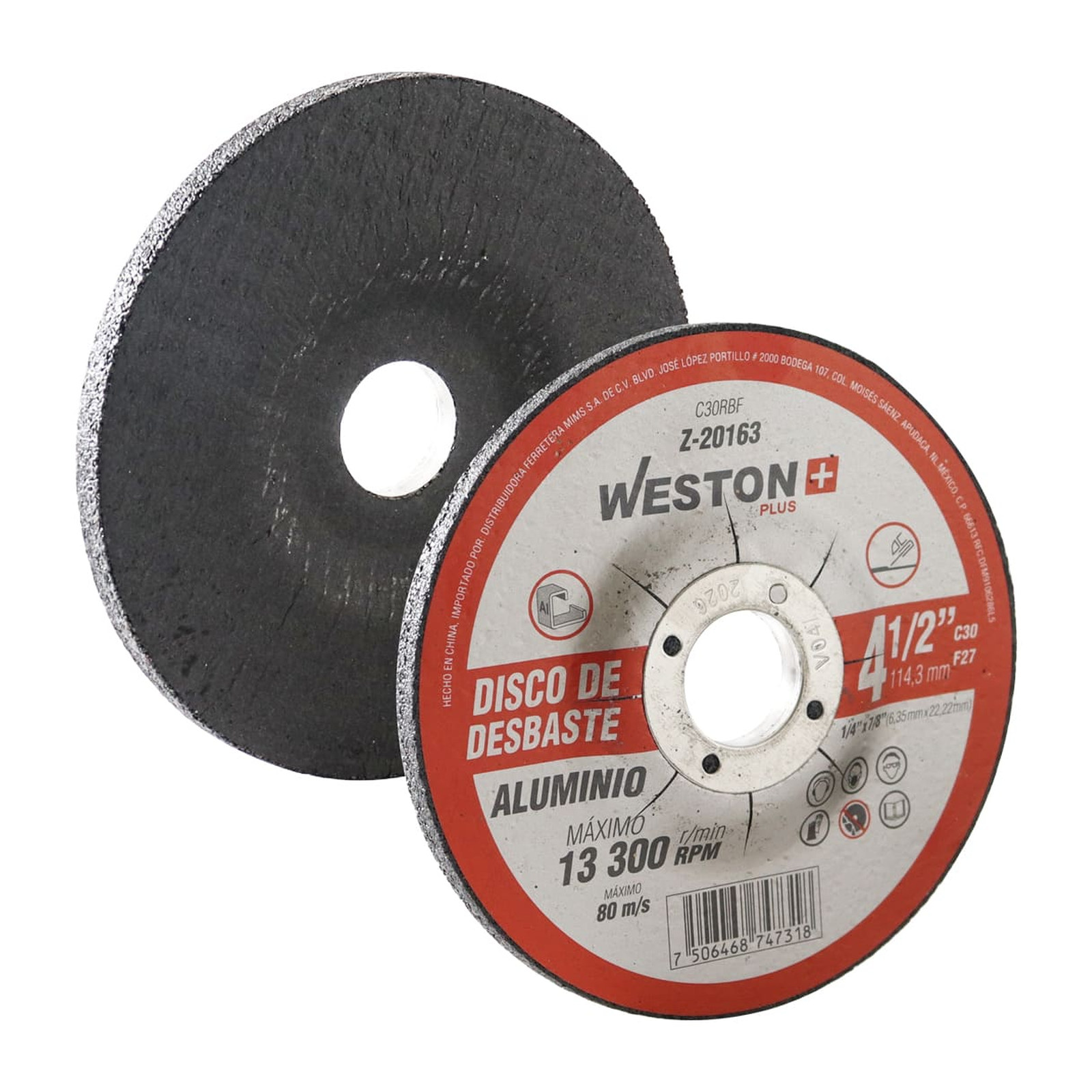 Disco de Desbaste para Aluminio 4-1/2" x 1/4" x 7/8" F27 Carburo de Silicio WESTON PLUS