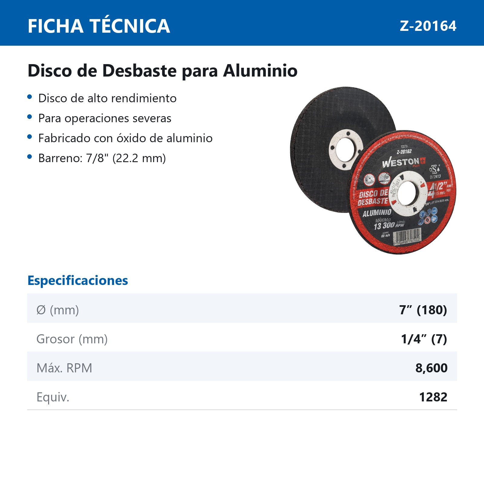 DISCO D/DESBASTE P/ALUMINIO 7" x 1/4"(6.35) x 7/8" F27 (Emp. c/5 Pzas - Precio x Pza) - Imagen 3