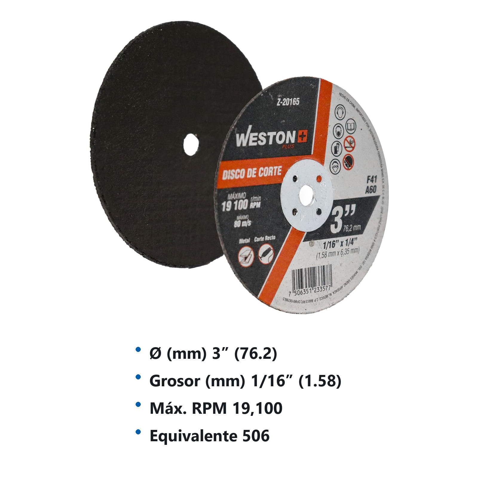 DISCO D/CORTE P/METAL 3" x 1/16"(1.58) x 1/4" F41 P/MOTOTOOL (Emp. c/25 Pzas - Precio x Pza) - Imagen 3