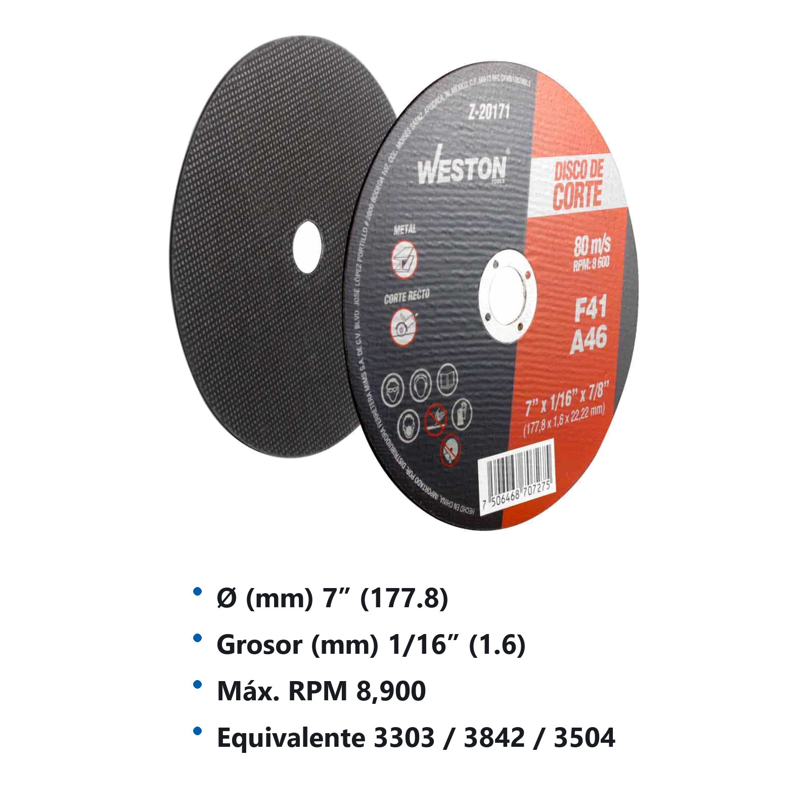DISCO D/CORTE P/METAL 7" x 1/16"(1.58) x 7/8" F41 (Emp. c/10 Pzas - Precio x Pza) - Imagen 3