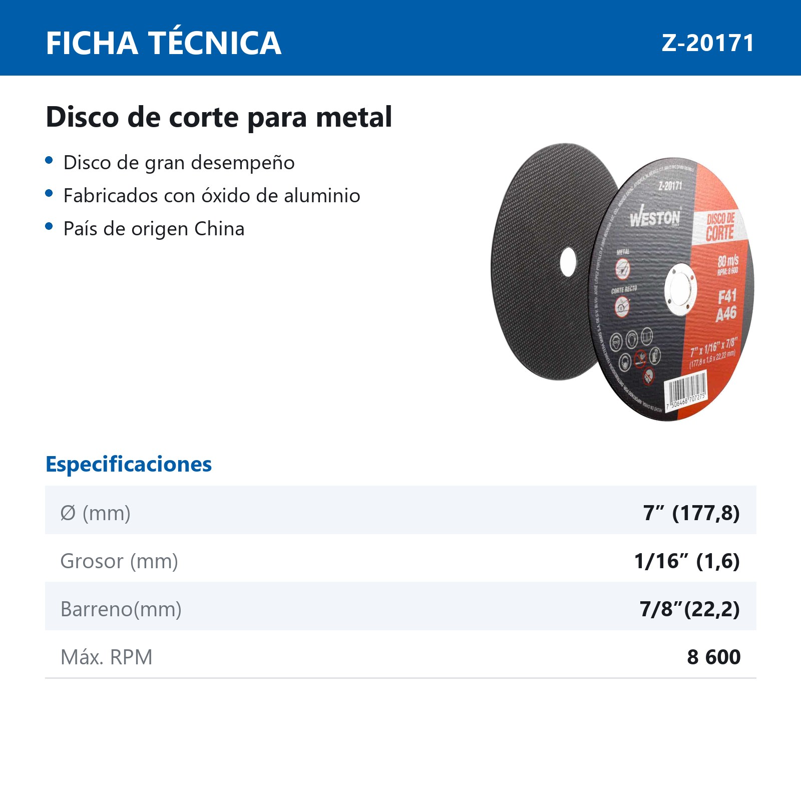 DISCO D/CORTE P/METAL 7" x 1/16"(1.58) x 7/8" F41 (Emp. c/10 Pzas - Precio x Pza) - Imagen 3
