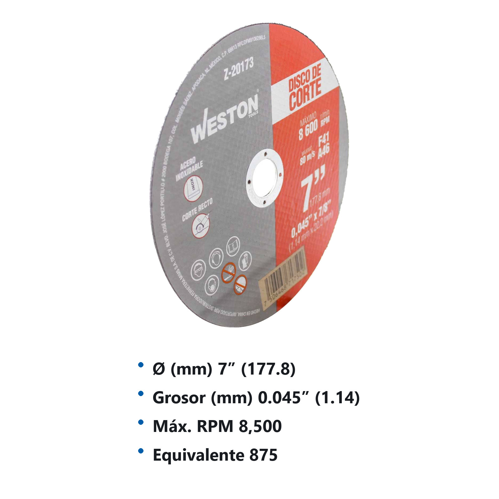 DISCO D/CORTE P/INOX. 7" x 0.045"(1.14) x 7/8" F41 (Emp. c/10 Pzas - Precio x Pza) - Imagen 3