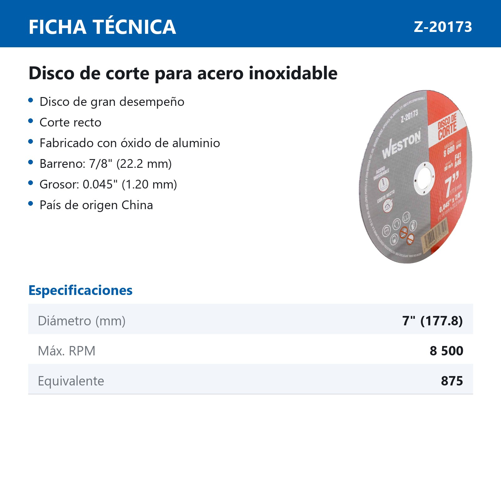 DISCO D/CORTE P/INOX. 7" x 0.045"(1.14) x 7/8" F41 (Emp. c/10 Pzas - Precio x Pza) - Imagen 3