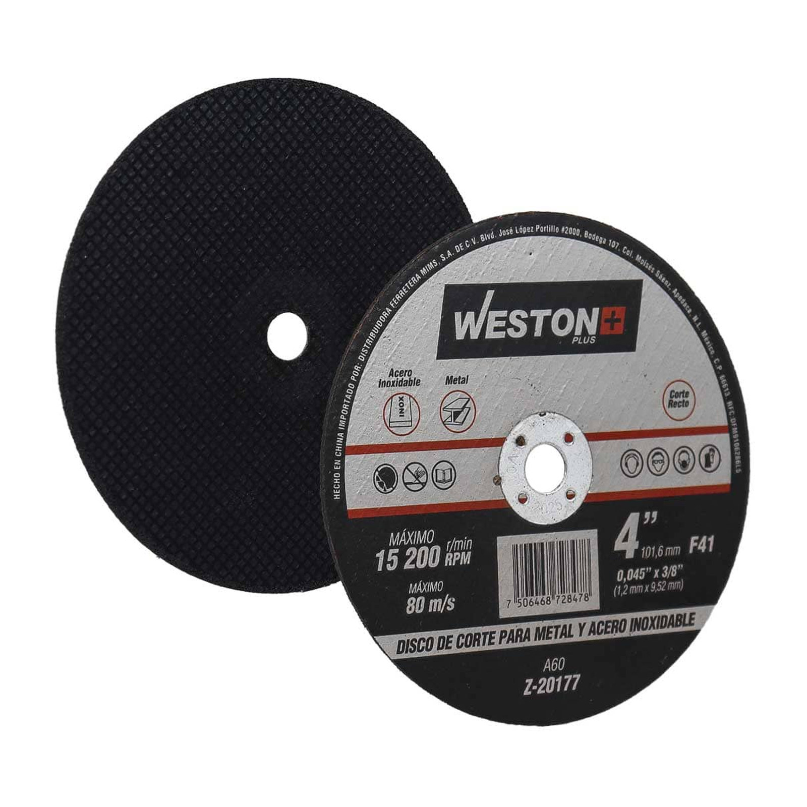 Disco de Corte para Inoxidable y Metal Weston Plus 4" x 0.045" (1.2 mm) x 3/8" Tipo 41