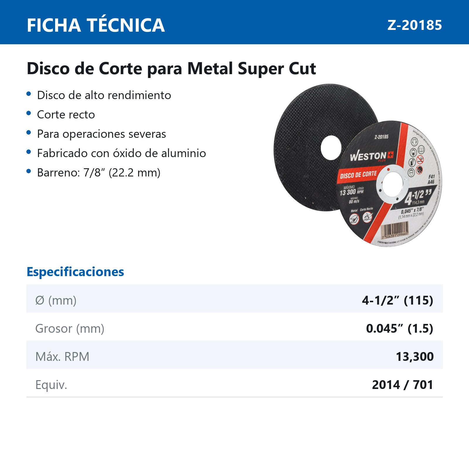 DISCO D/CORTE P/METAL 4-1/2" x 0.045"(1.14) x 7/8" F41 (Emp. c/10 Pzas - Precio x Pza) - Imagen 3