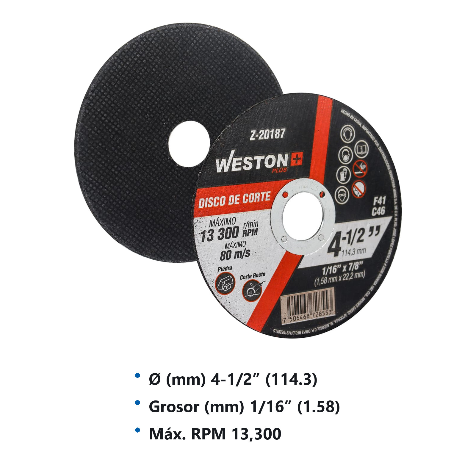 DISCO D/CORTE P/PIEDRA 4-1/2" x 1/16"(1.58) x 7/8" F41 (Emp. c/10 Pzas - Precio x Pza) - Imagen 3