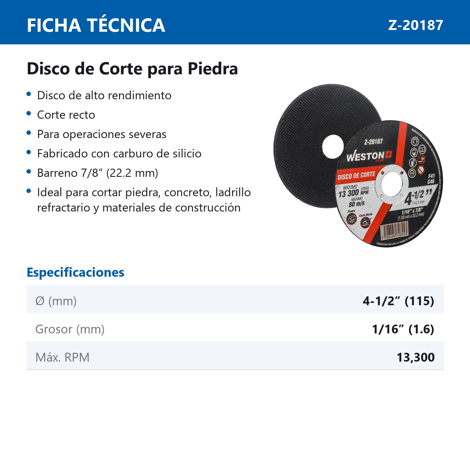 DISCO D/CORTE P/PIEDRA 4-1/2" x 1/16"(1.58) x 7/8" F41 (Emp. c/10 Pzas - Precio x Pza) - Imagen 3