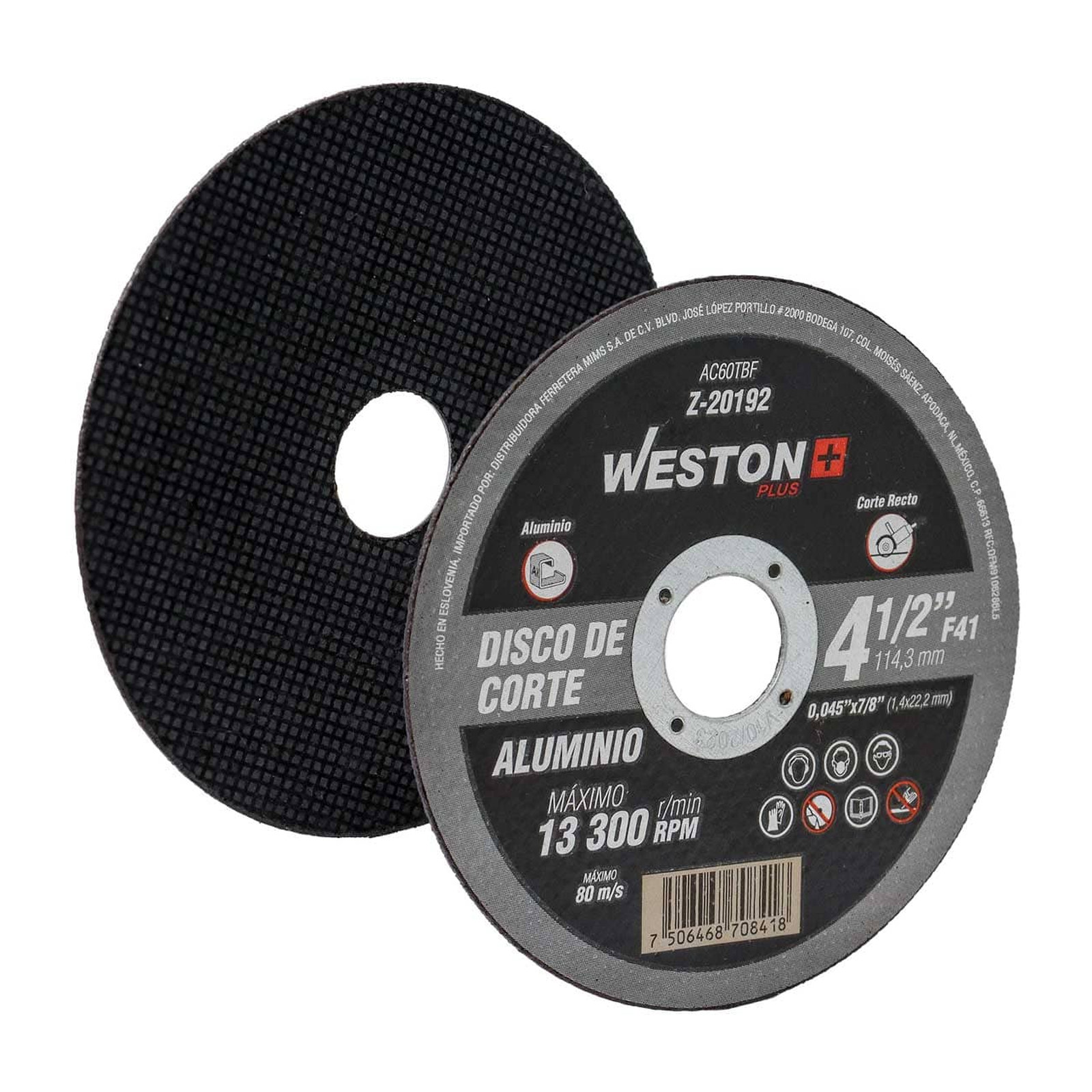 Disco de Corte para Aluminio 4-1/2" x 0.045" x 7/8" Tipo F41 WESTON PLUS
