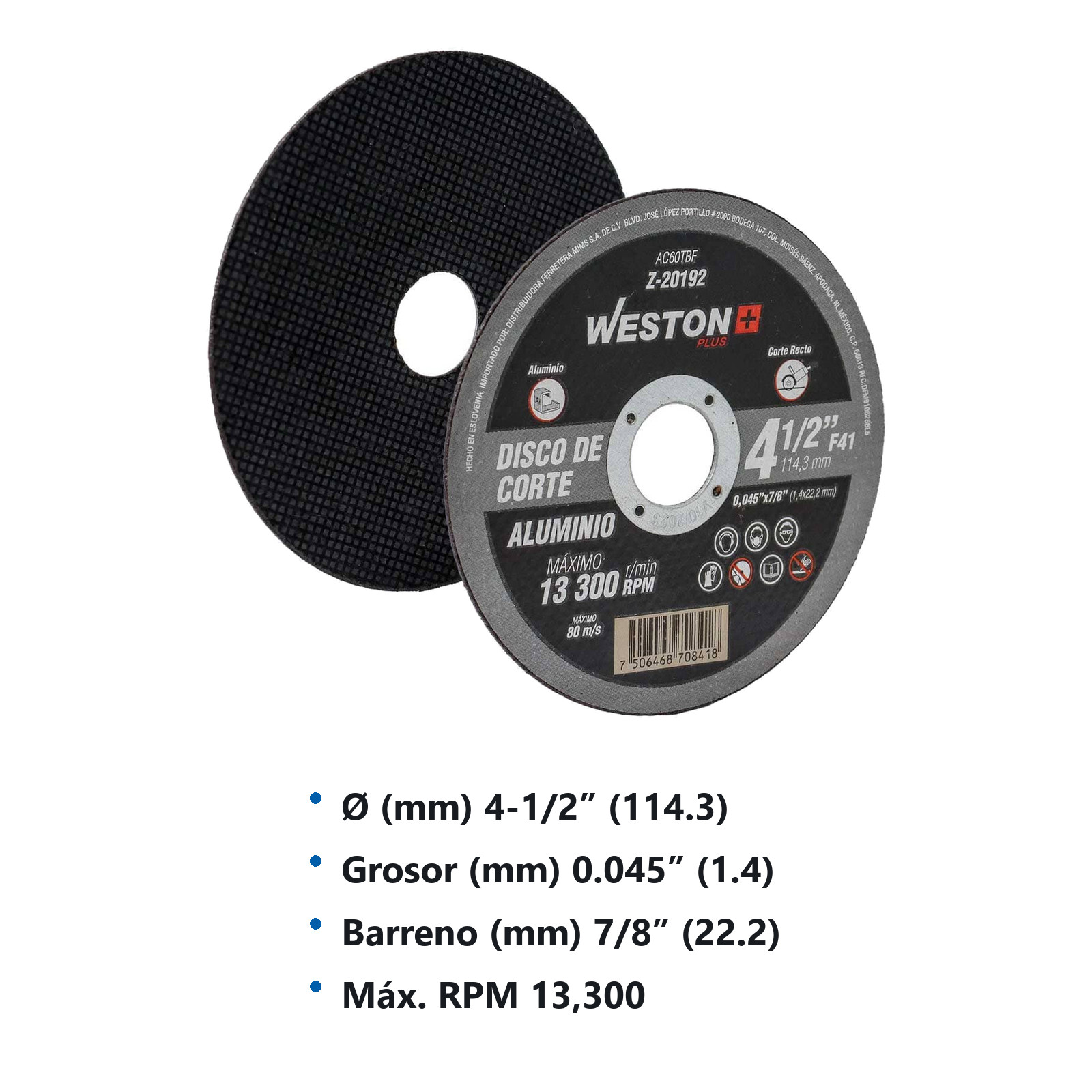 DISCO D/CORTE P/ALUMINIO 4-1/2" x 0.045"(1.14) x 7/8" F41 (Emp. c/10 Pzas - Precio x Pza) - Imagen 3