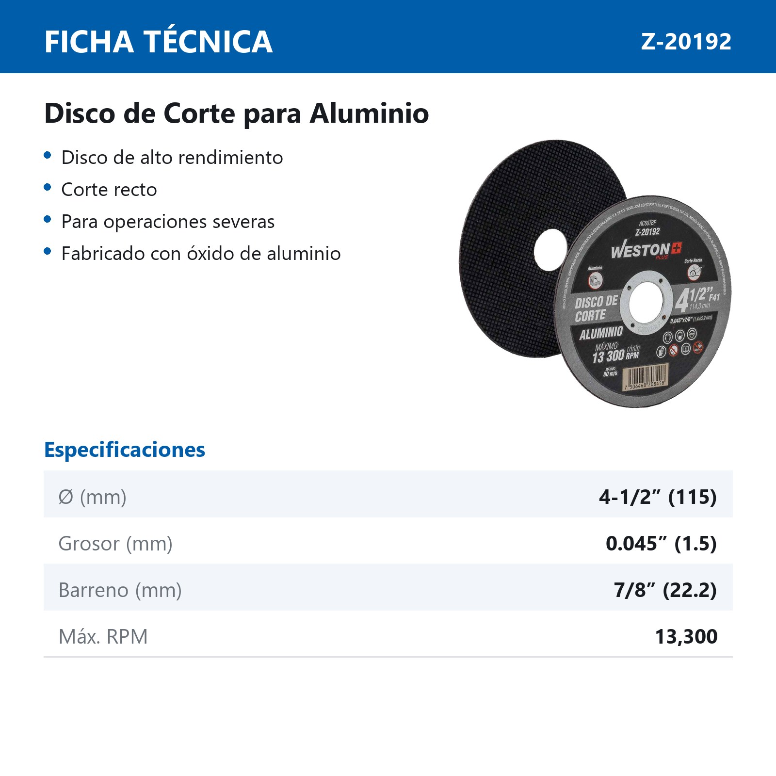 DISCO D/CORTE P/ALUMINIO 4-1/2" x 0.045"(1.14) x 7/8" F41 (Emp. c/10 Pzas - Precio x Pza) - Imagen 3