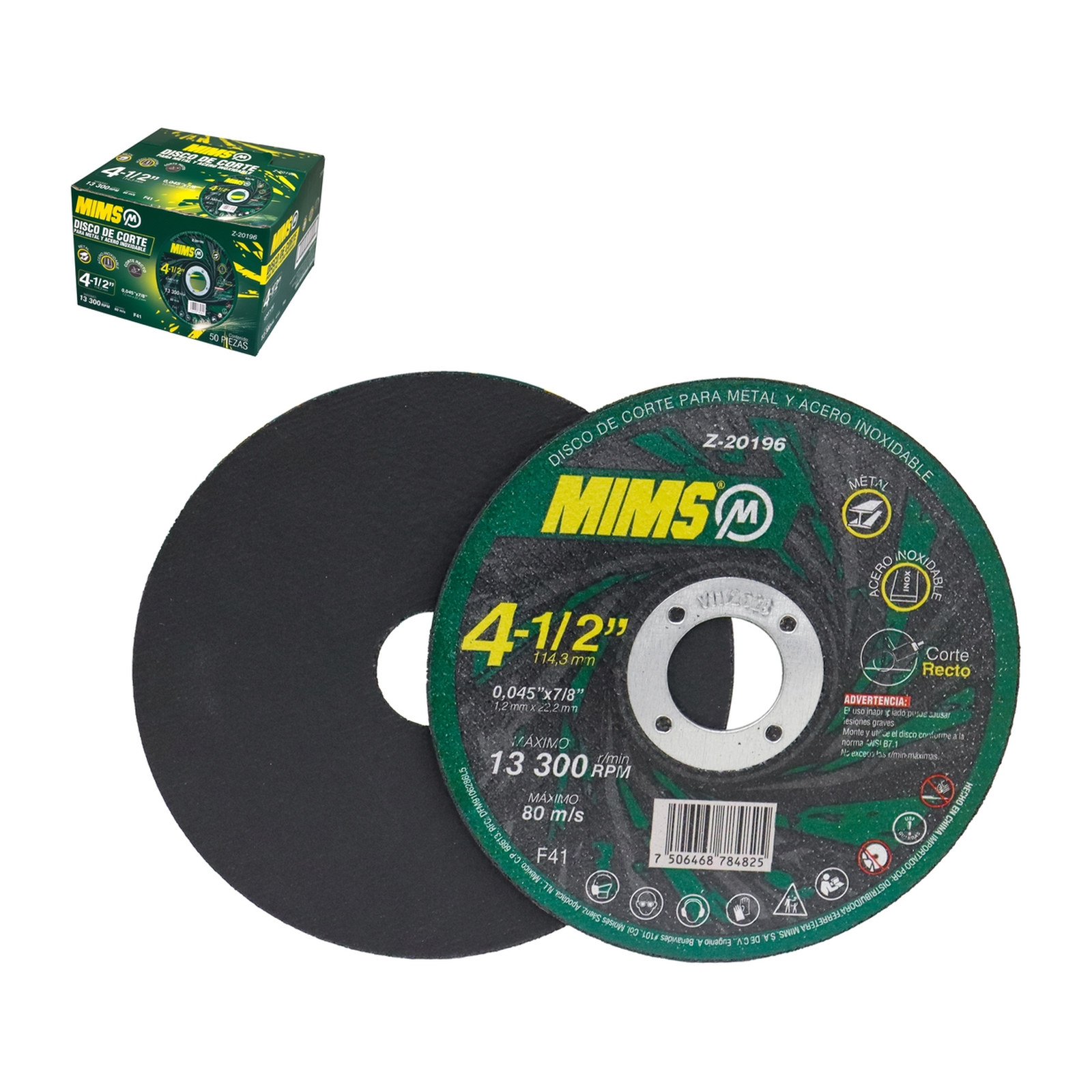 DISCO D/CORTE P/INOX. Y METAL 4-1/2" x 0.045"(1.4) x 7/8" F41 MIMS (Emp. c/50 Pzas - Precio x Pza)
