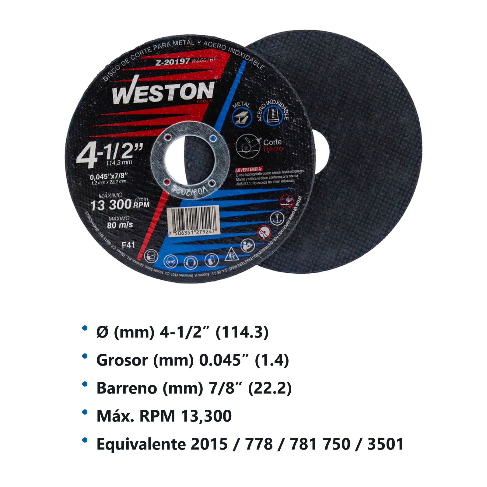 DISCO D/CORTE P/INOX. Y METAL 4-1/2" x 0.045"(1.4) x 7/8" F41 (Emp. c/10 Pzas - Precio x Pza) - Imagen 3
