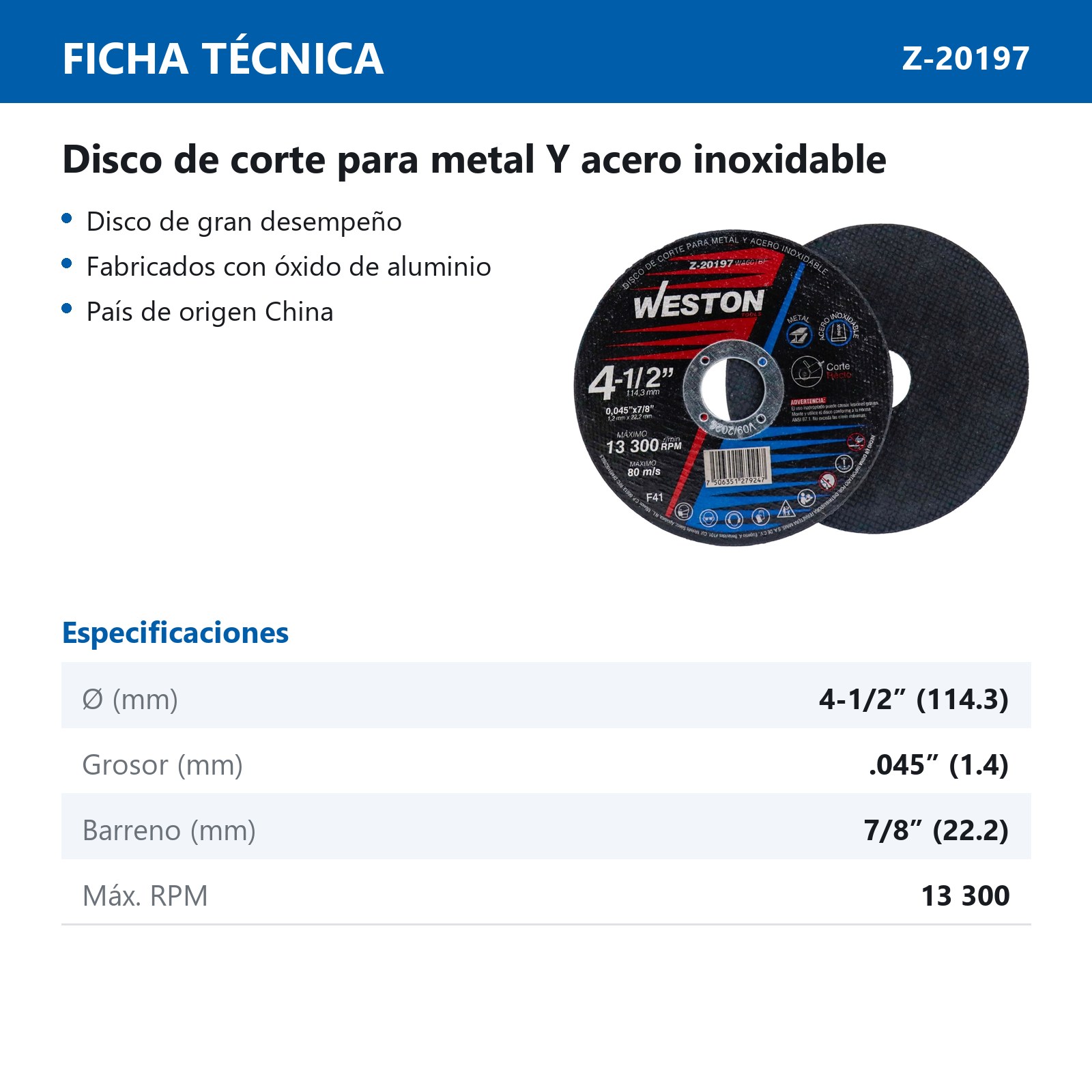 DISCO D/CORTE P/INOX. Y METAL 4-1/2" x 0.045"(1.4) x 7/8" F41 (Emp. c/10 Pzas - Precio x Pza) - Imagen 3