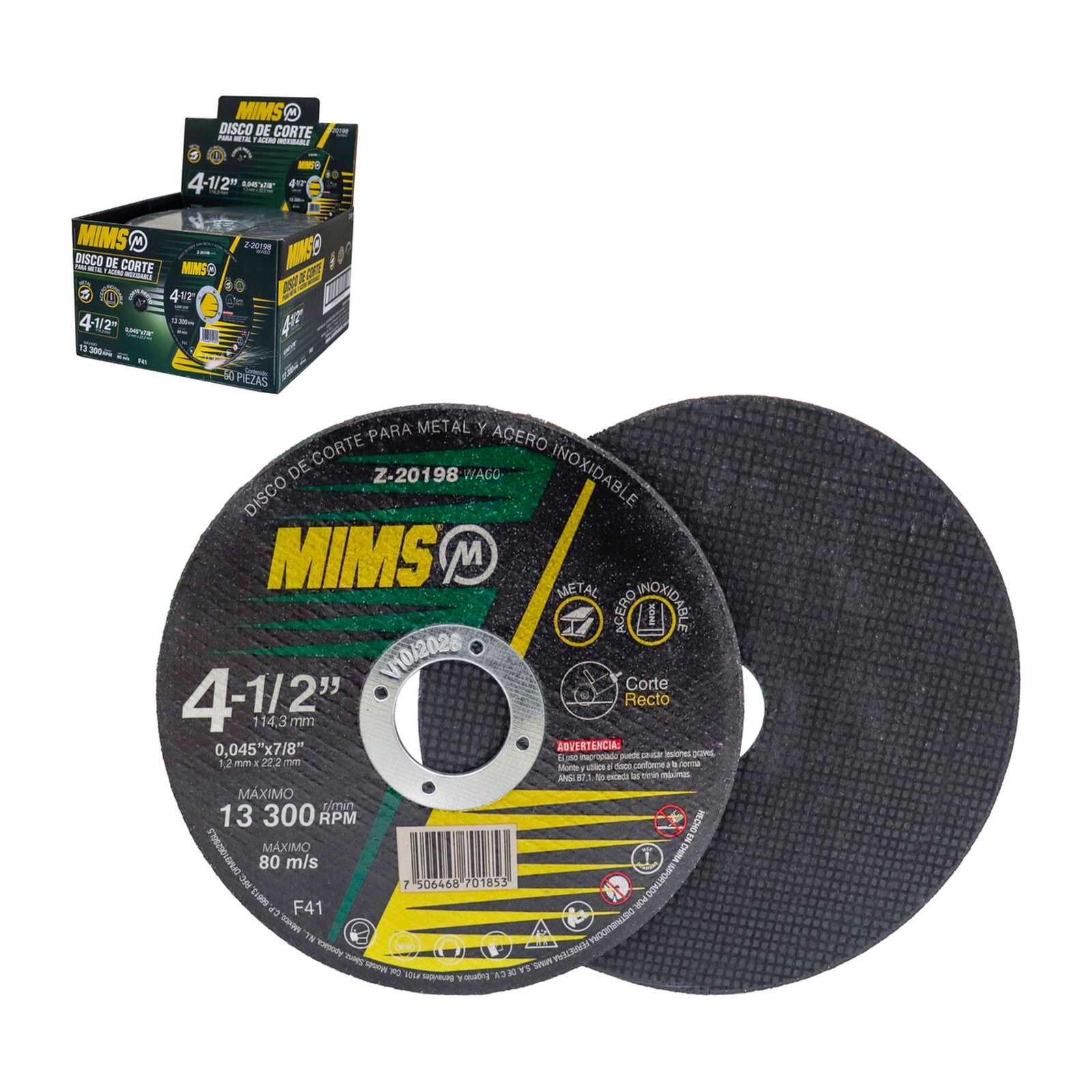 Disco de Corte para Inoxidable y Metal 4-1/2" x 0.045" x 7/8" Tipo F41 MIMS