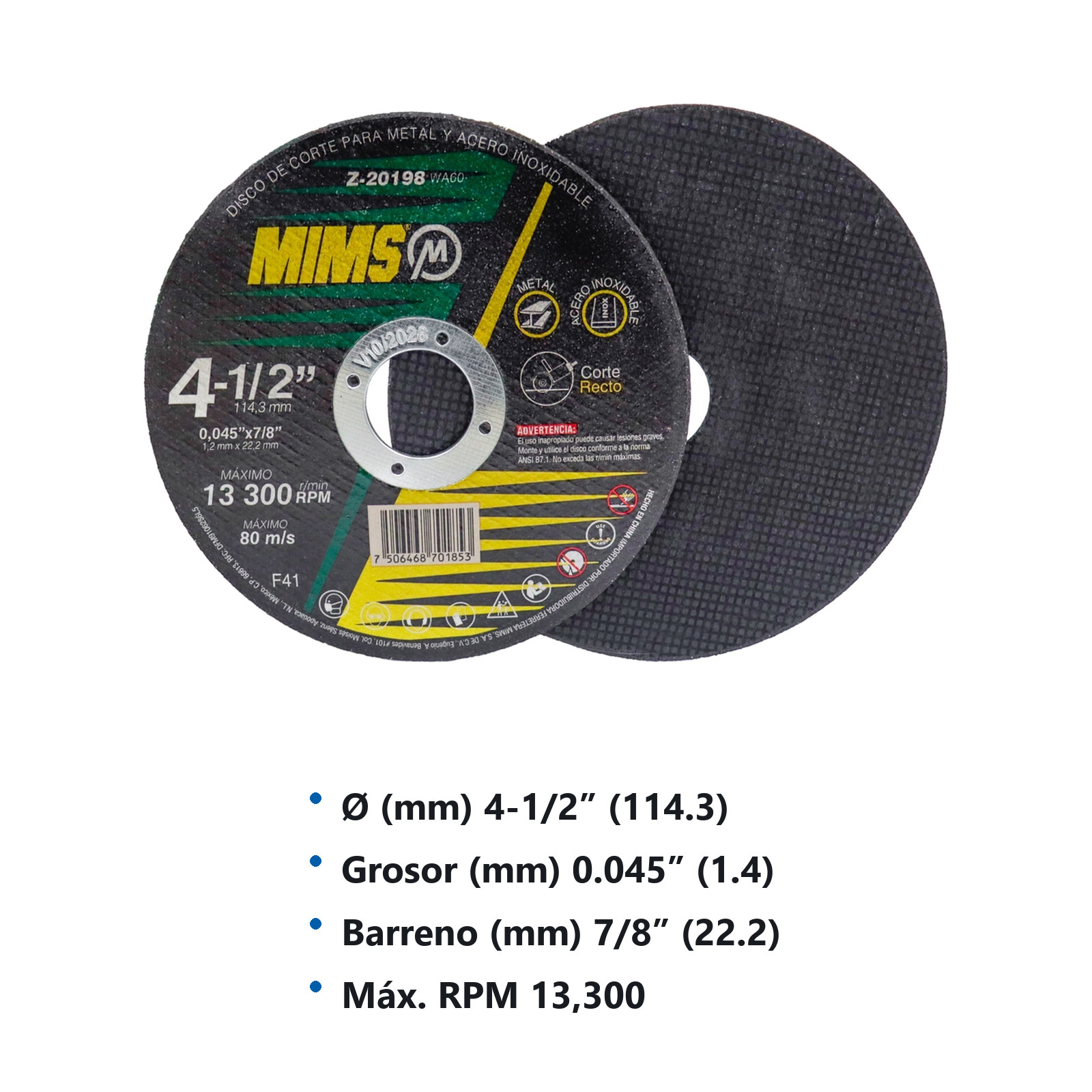 DISCO D/CORTE P/INOX. Y METAL 4-1/2" x 0.045"(1.4) x 7/8" F41 MIMS (Emp. c/10 Pzas - Precio x Pza) - Imagen 3
