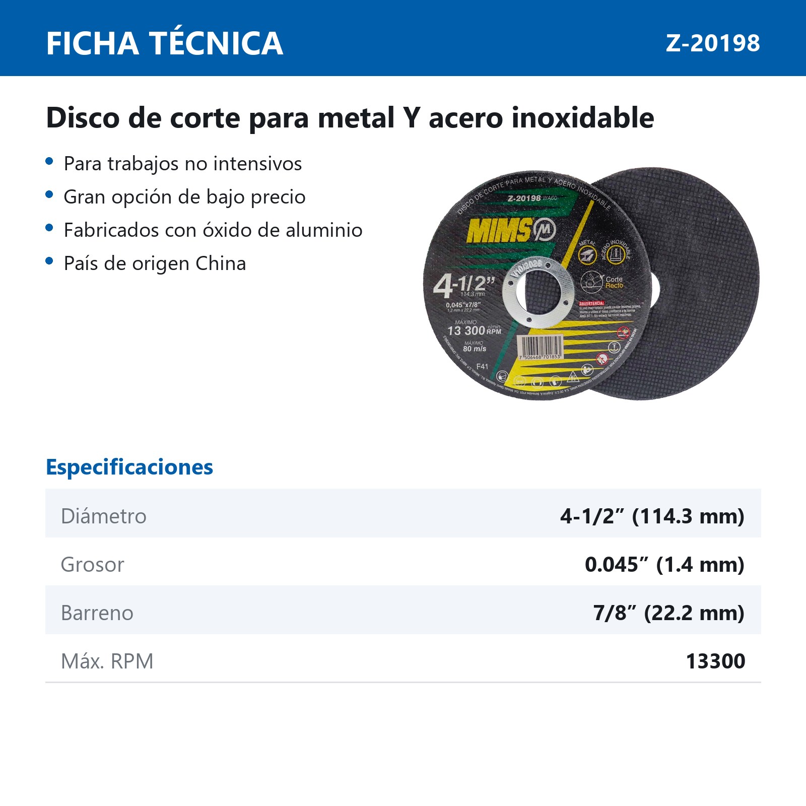 DISCO D/CORTE P/INOX. Y METAL 4-1/2" x 0.045"(1.4) x 7/8" F41 MIMS (Emp. c/10 Pzas - Precio x Pza) - Imagen 3