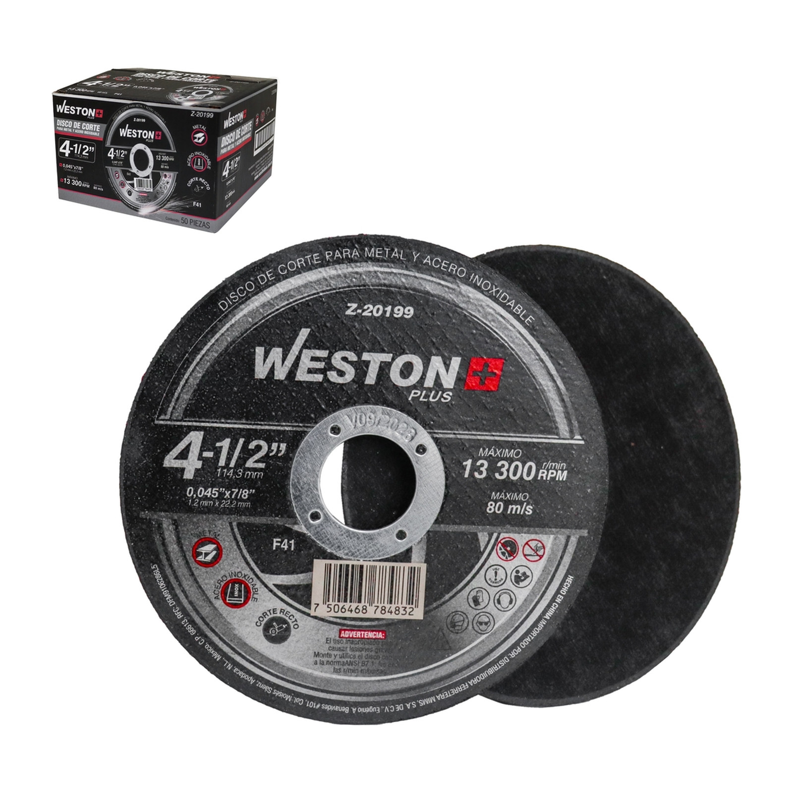 DISCO D/CORTE P/INOX. Y METAL 4-1/2" x 0.045"(1.4) x 7/8" F41 WP (Emp. c/50 Pzas - Precio x Pza)